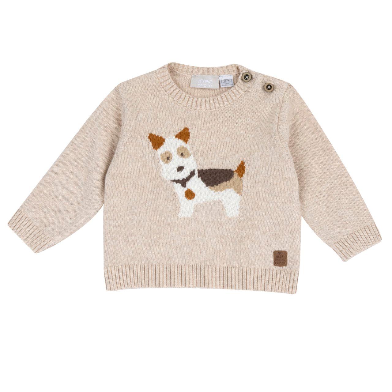 Maglione girocollo Chicco bianco in misto cotone e lana per bambino, con lavorazione a intarsio, bottoni effetto legno e certificazione Oeko-Tex. | Chicco