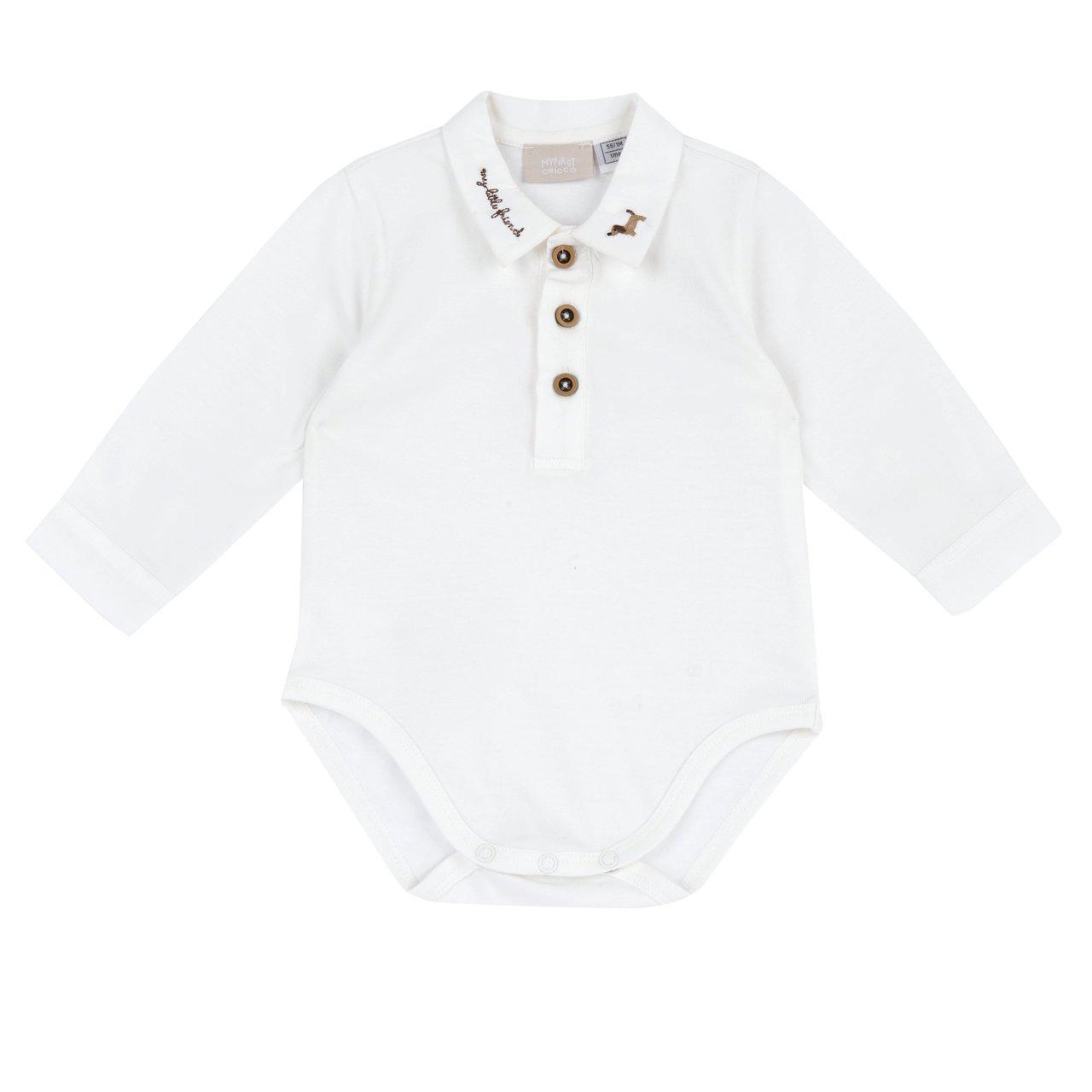 Body polo a manica lunga Chicco bianco in jersey di cotone per bambino, con colletto e apertura frontale in twill ricamato, bottoni effetto legno e chiusura automatica al cavallo. | Chicco