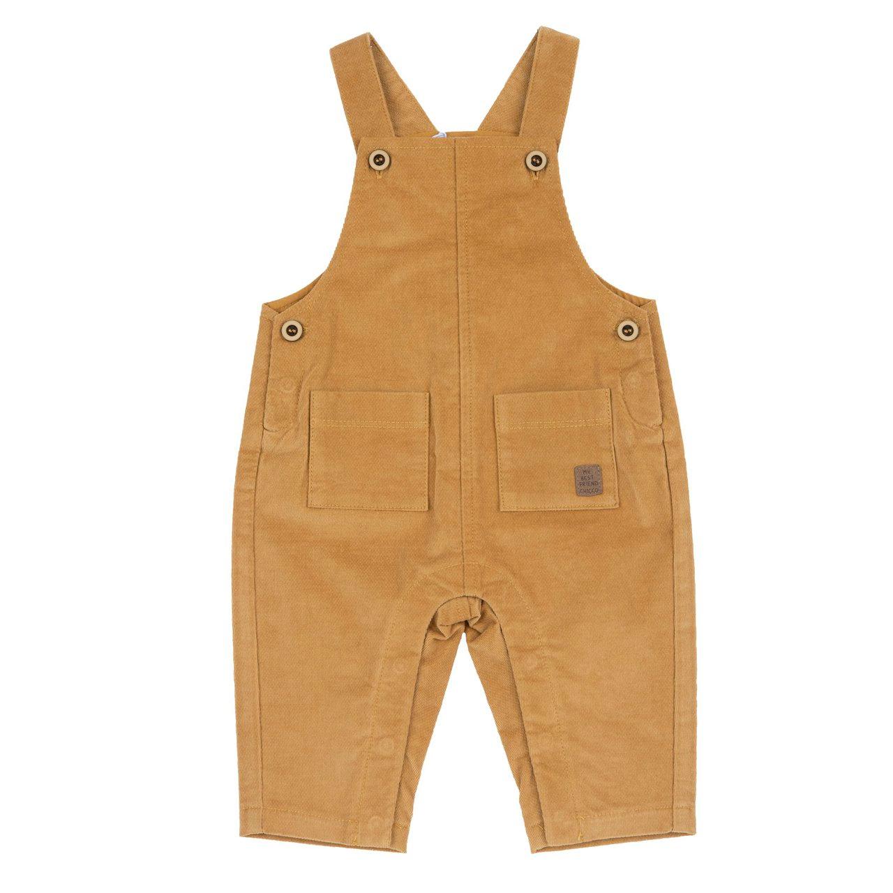 Salopette lunga da bambino Chicco in velluto a coste martellato giallo, con pettorina foderata in jersey, bottoni bicolore e tasche anteriori, ideale per l'autunno/inverno. | Chicco