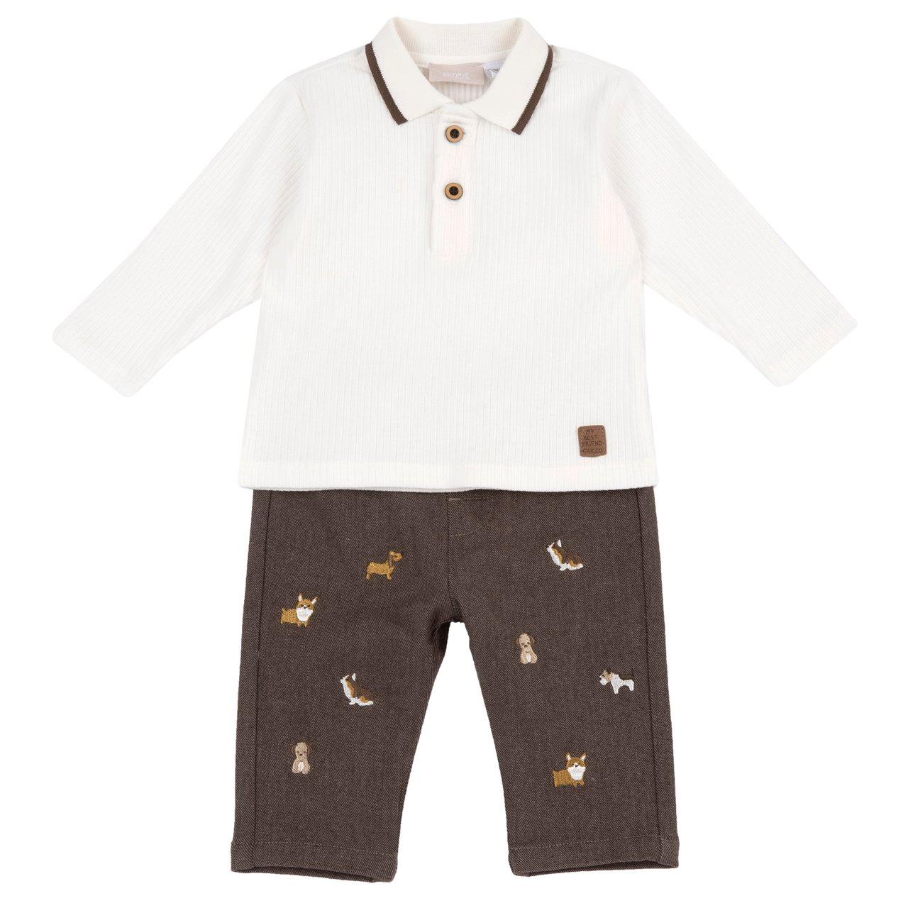 Completo Chicco per bambino con polo marrone in costina elasticizzata e pantaloni lunghi in flanella twill tinto filo, ideali per l'autunno/inverno. | Chicco