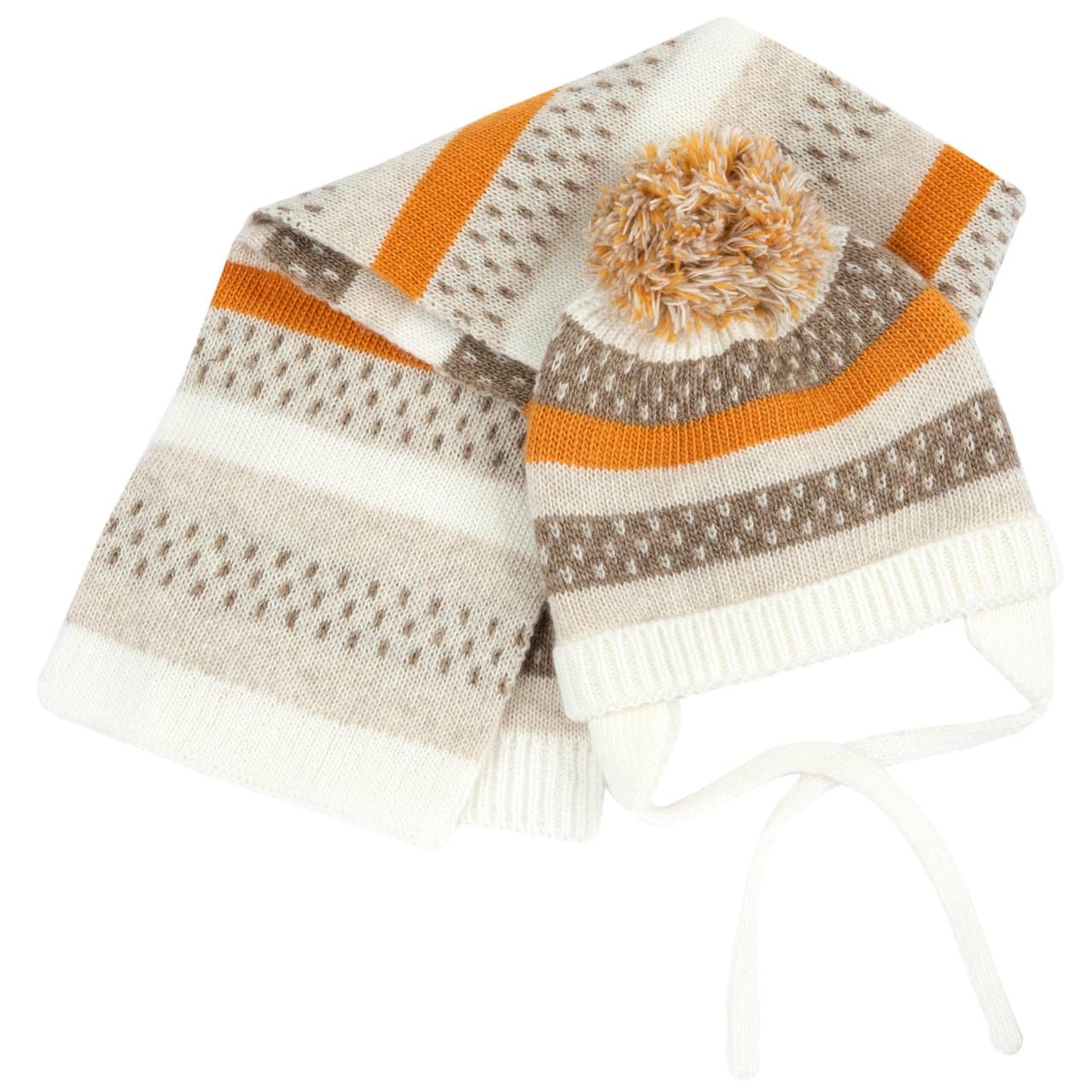 Set cappello e sciarpa Chicco grigio in maglia jacquard a righe misto lana con pompon e paraorecchie per neonato. | Chicco