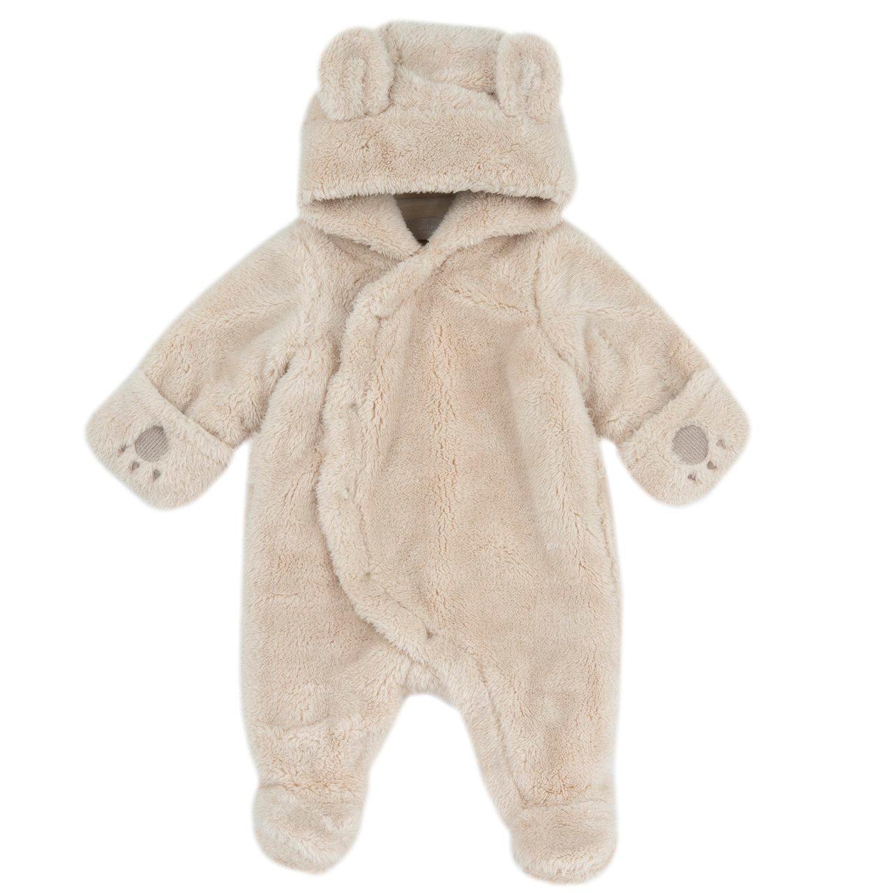 Tutina Chicco unisex bianca aperta davanti in ciniglia calda, con cappuccio e orecchie applicate, ideale per autunno/inverno. | Chicco
