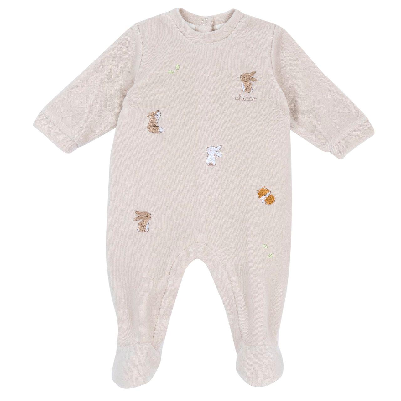Tutina unisex Chicco in ciniglia bianca con apertura interna gamba, girocollo, ricami e stampa antiscivolo sotto i piedini, ideale per neonati autunno/inverno. | Chicco