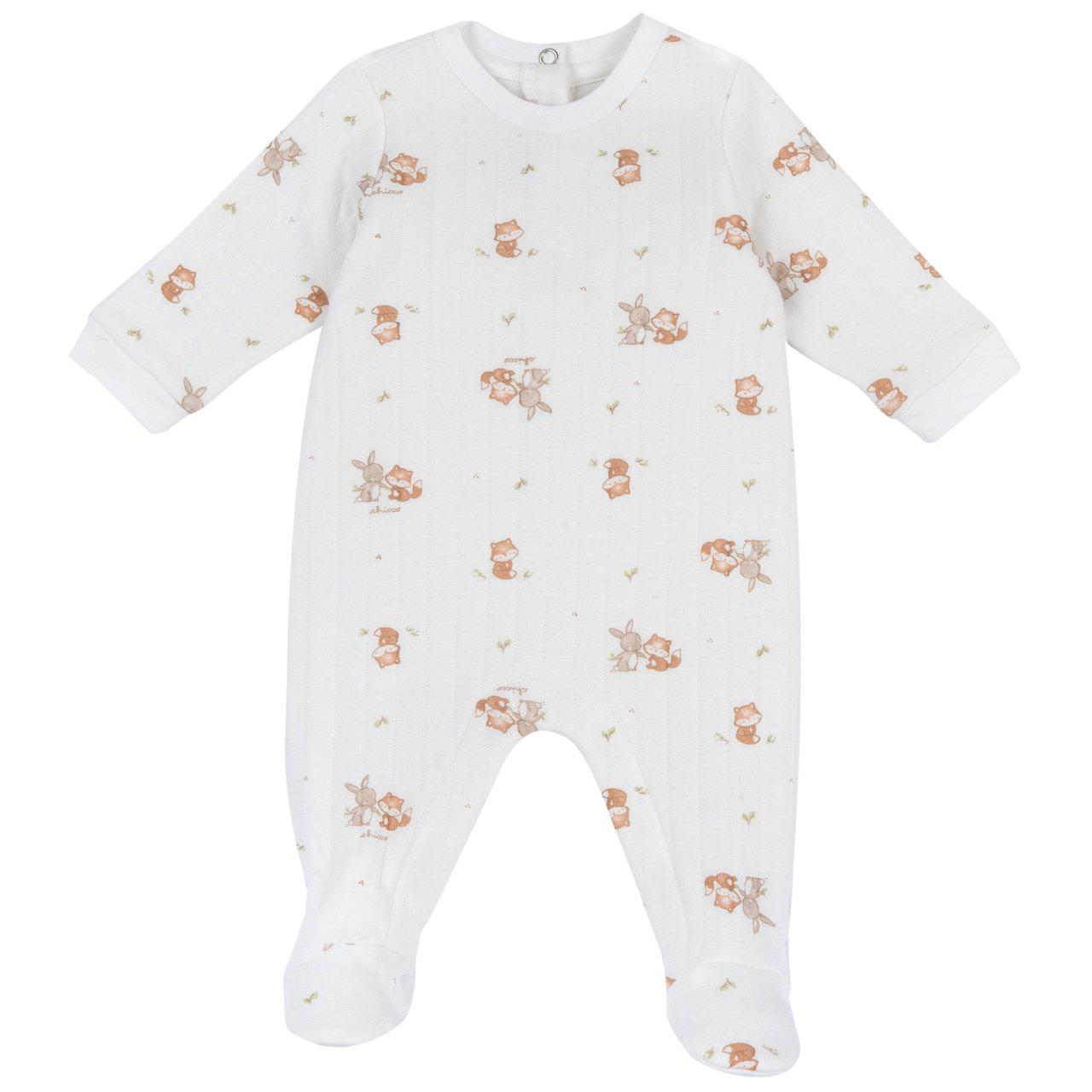 Tutina neonato Chicco unisex bianca con stampa fantasia, girocollo e apertura interna al cavallo per facilitare il cambio. | Chicco