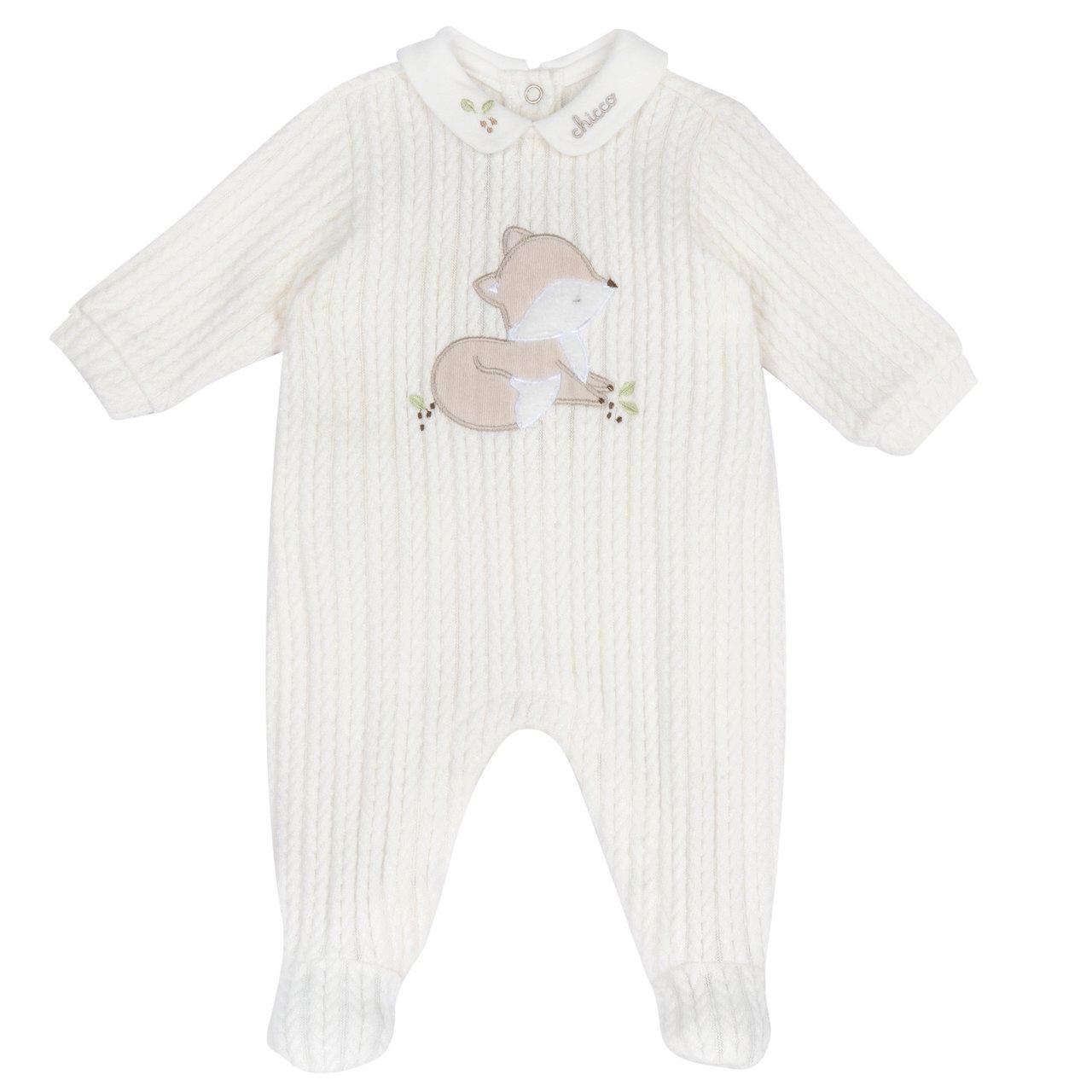 Tutina Chicco unisex bianca in maglia jacquard con lavorazione a trecce, collo in interlock e dettagli ricamati, ideale per autunno/inverno. | Chicco