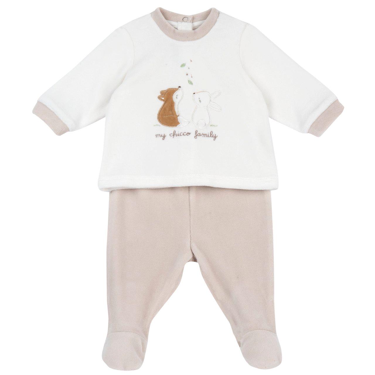 Completo Chicco unisex in ciniglia bianco per neonato, composto da maglia con grafica ricamata e pantaloni con piedini integrati, ideale per autunno/inverno. | Chicco