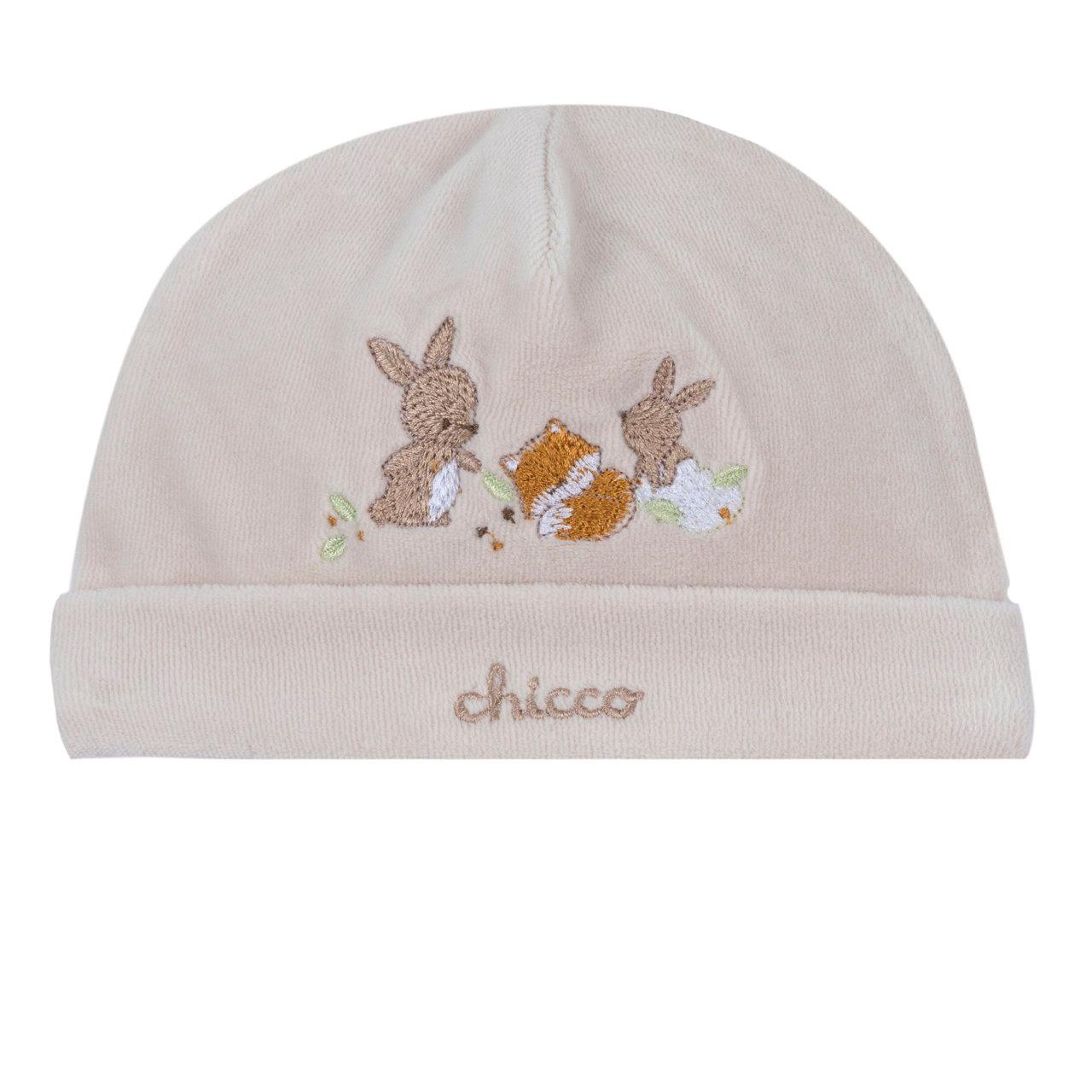 Cappello Chicco unisex da neonato con risvolto in ciniglia bianca, foderato in interlock e con grafica ricamata, ideale per autunno/inverno. | Chicco