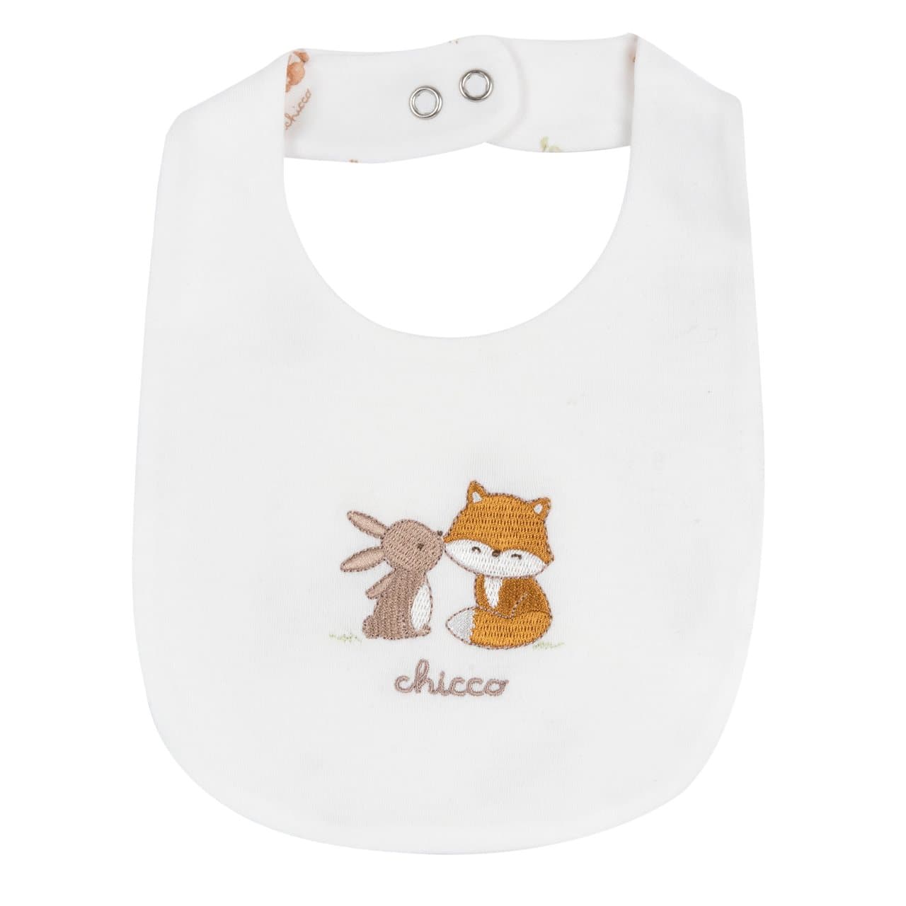 Bavaglino unisex Chicco bianco in tessuto interlock con ricamo fantasia, foderato e chiusura automatica regolabile, ideale per autunno/inverno. | Chicco