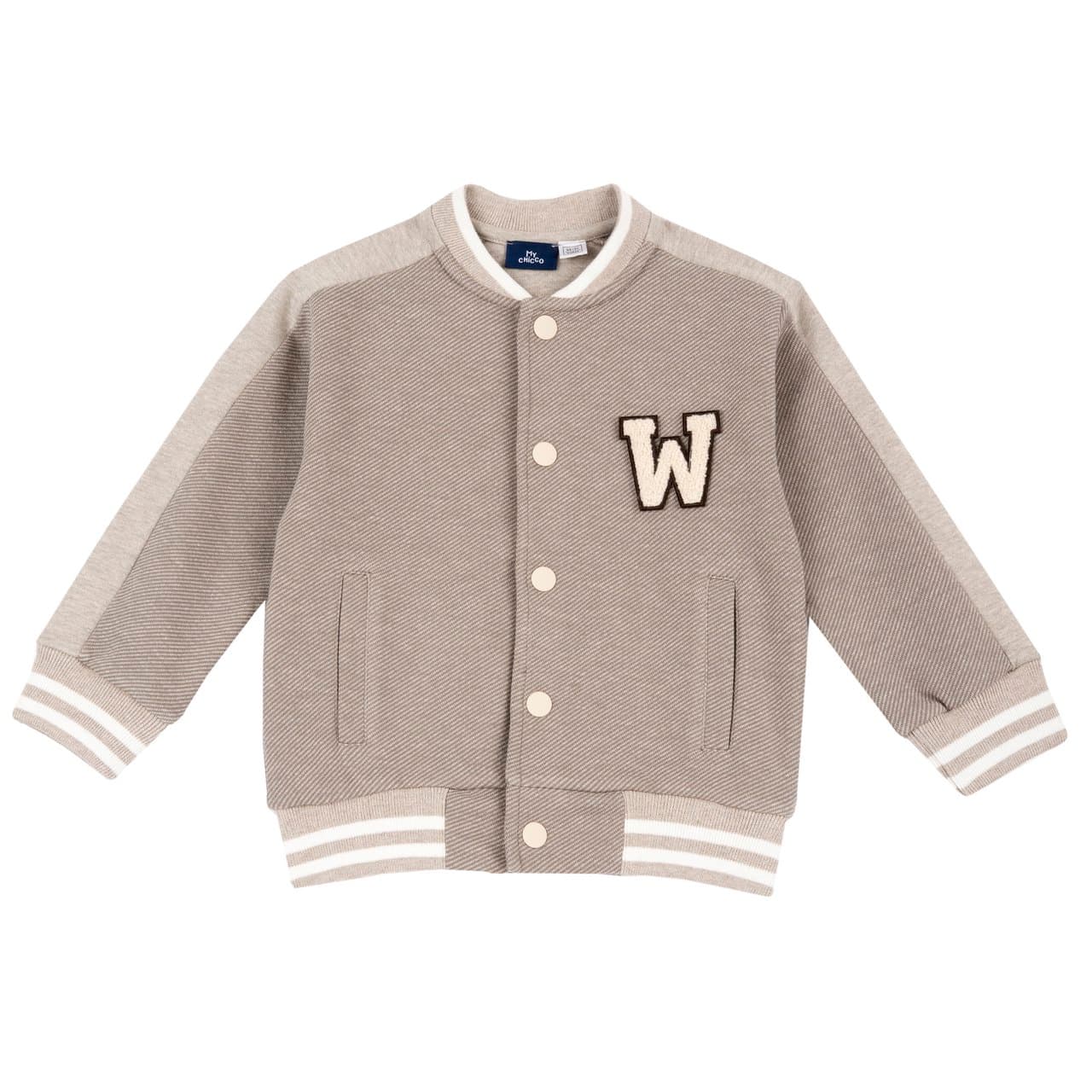 Felpa con bottoni cardigan varsity Chicco da bambino in interlock mélange bianco misto cotone, con inserti maniche rovesciate e ricamo spugna sul petto. | Chicco