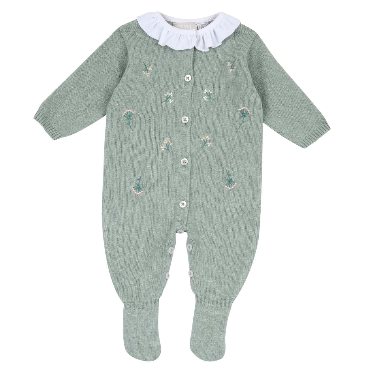 Tutina Chicco verde in maglia per bambina, aperta davanti con colletto corolla e ricamo di fiorellini, ideale per autunno/inverno. | Chicco