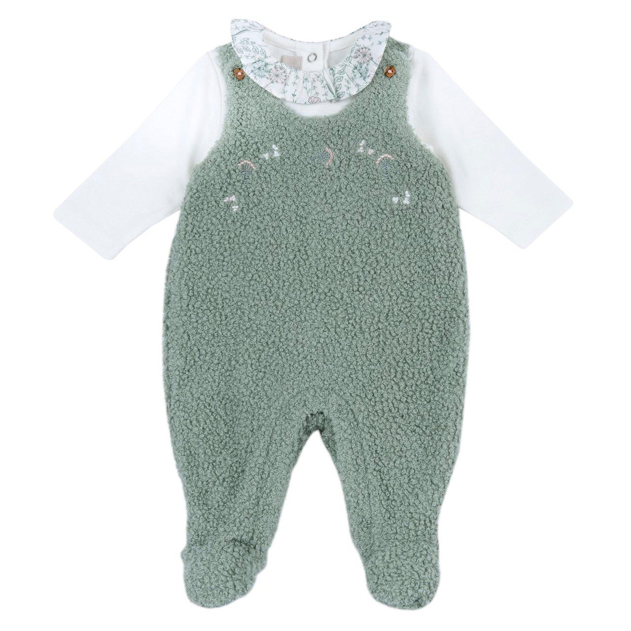 Completo body a maniche lunghe verde con colletto corolla e fantasia floreale, abbinato a salopette lunga in bouclé con ricami di fiorellini e bottoni effetto legno per bambina Chicco. | Chicco