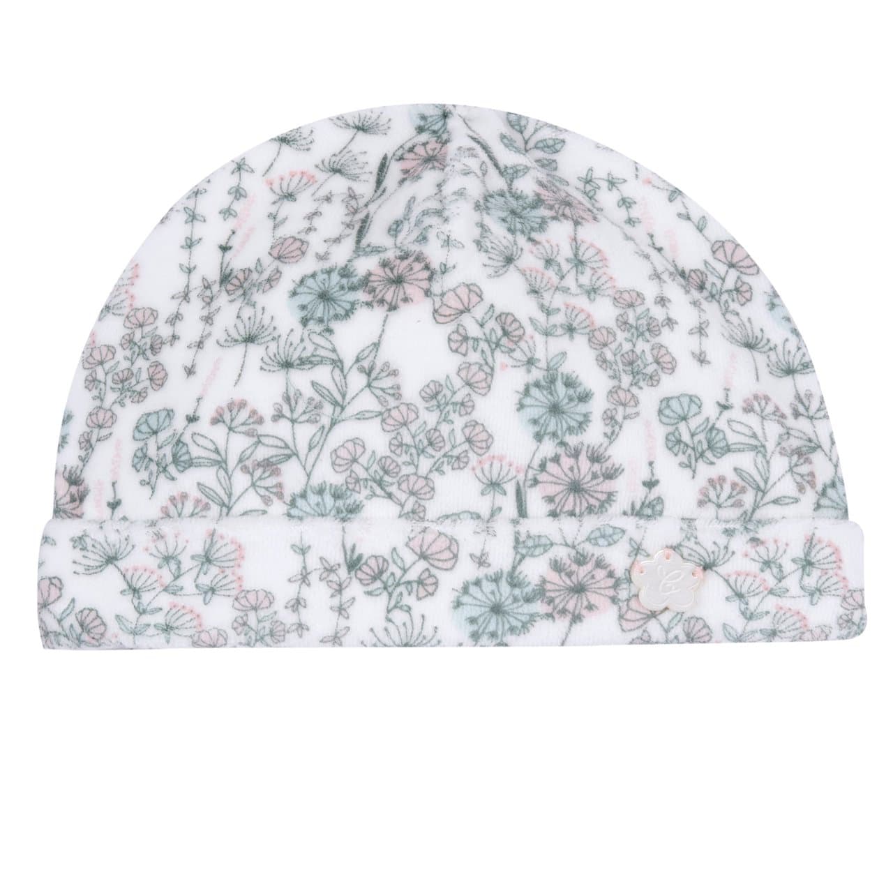 Cappello con risvolto Chicco per bambina in ciniglia beige con stampa a fiorellini e medaglietta madreperla, ideale per autunno/inverno. | Chicco