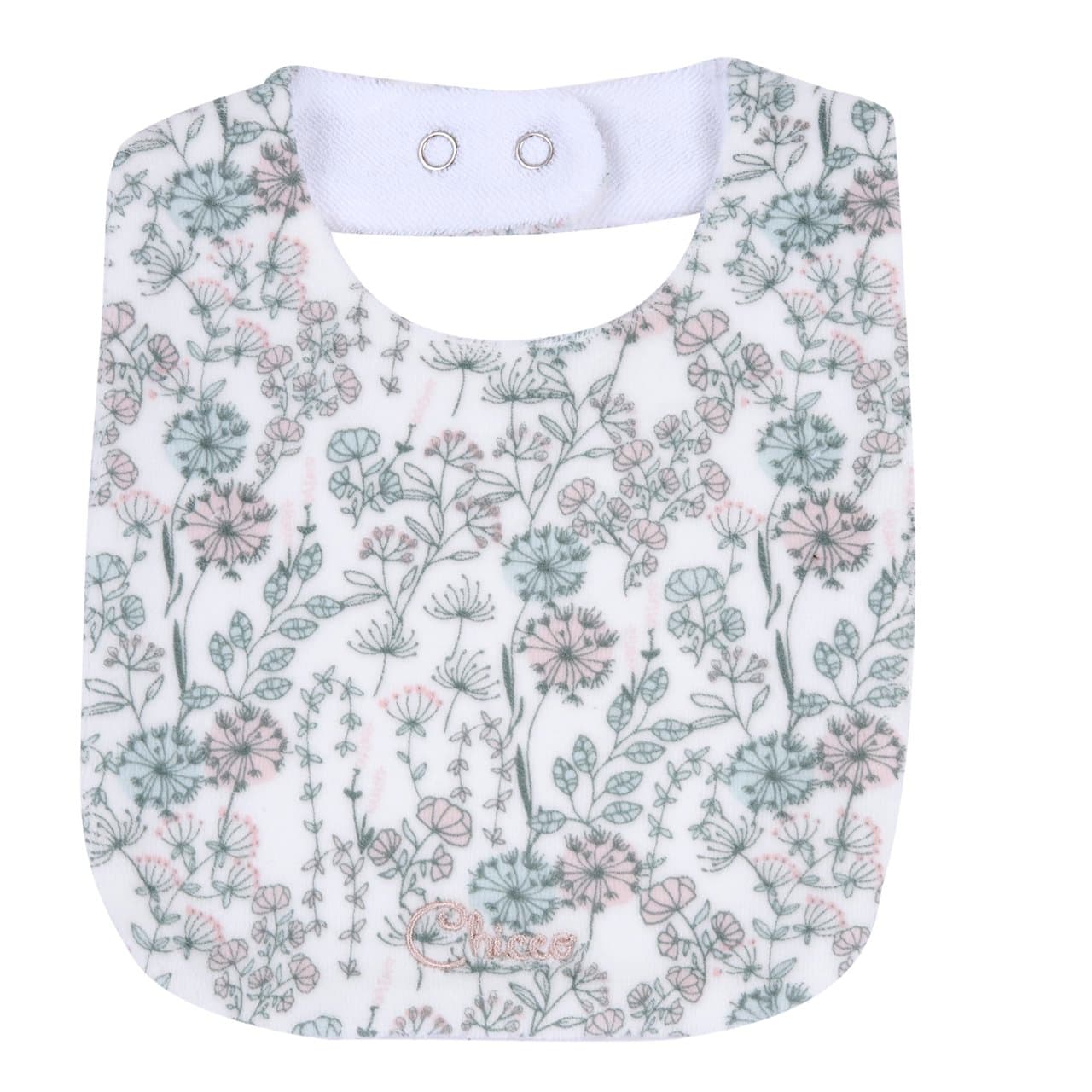 Bavaglino Chicco beige in ciniglia per bambina, con stampa di fiorellini e grafica ricamata, retro in spugna assorbente e chiusura regolabile. | Chicco