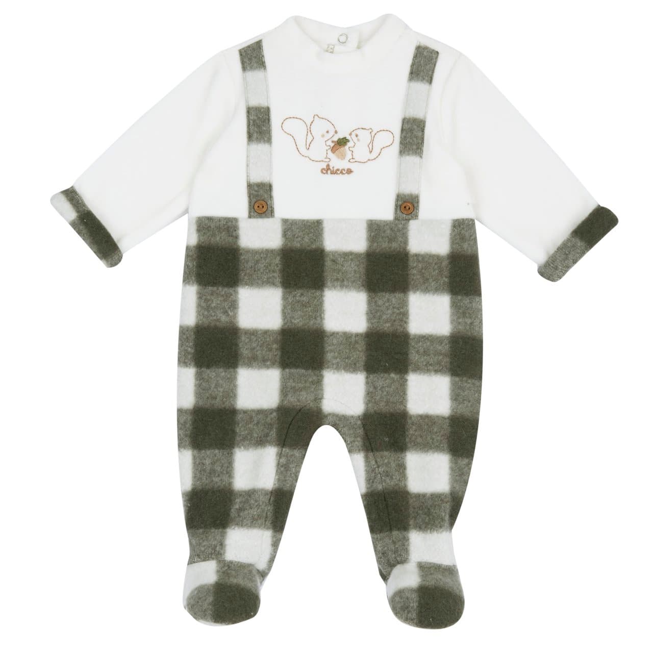 Tutina aperta interno gamba Chicco in ciniglia bianca per neonato, con motivo quadrettato, grafica ricamata e bottoncini effetto legno. | Chicco