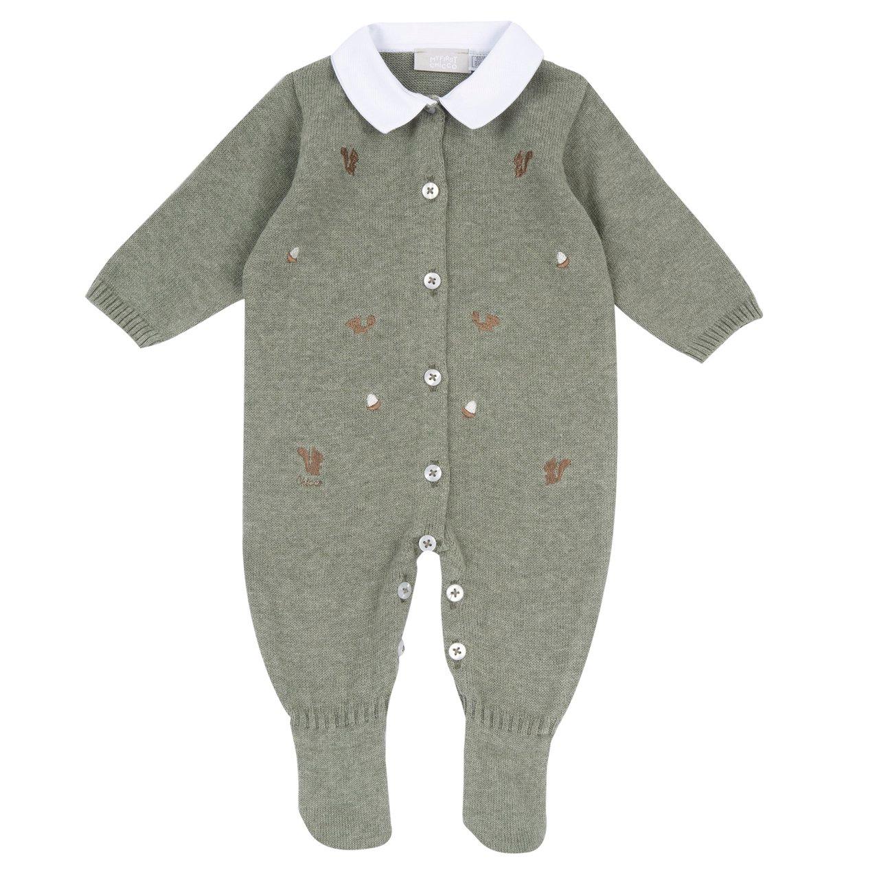 Tutina Chicco aperta davanti in maglia verde per neonato, ideale per autunno/inverno, con colletto in tessuto, ricami e chiusura a bottoncini. | Chicco