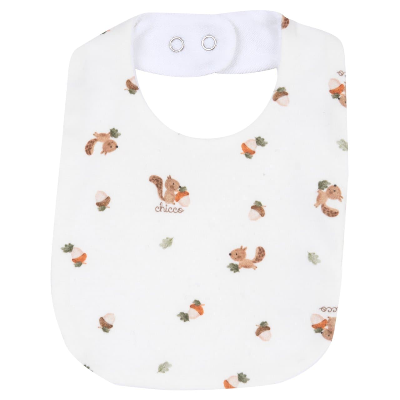 Bavaglino stampato Chicco beige in interlock per neonato, con fantasia autunnale sul davanti e spugna assorbente sul retro, chiusura automatica regolabile. | Chicco