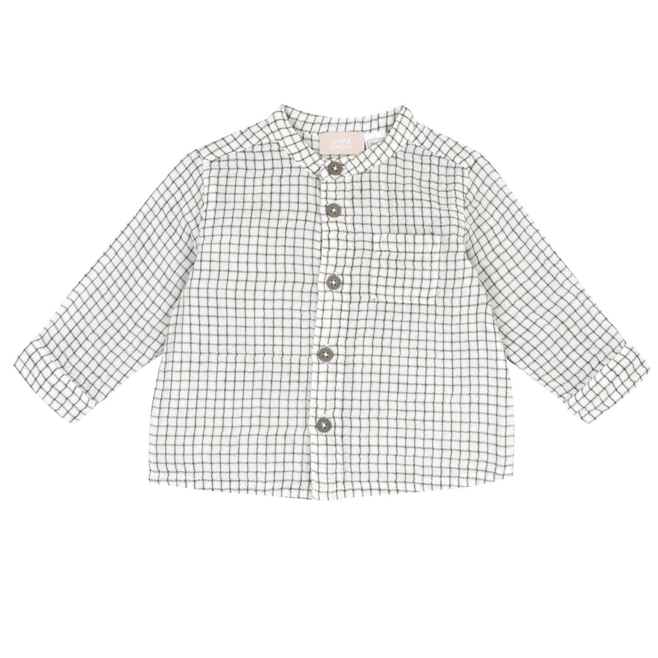 Camicia coreana a manica lunga Chicco per bambino in garza di cotone beige con fantasia a piccoli quadri tinto filo, taschino applicato e bottoni. | Chicco
