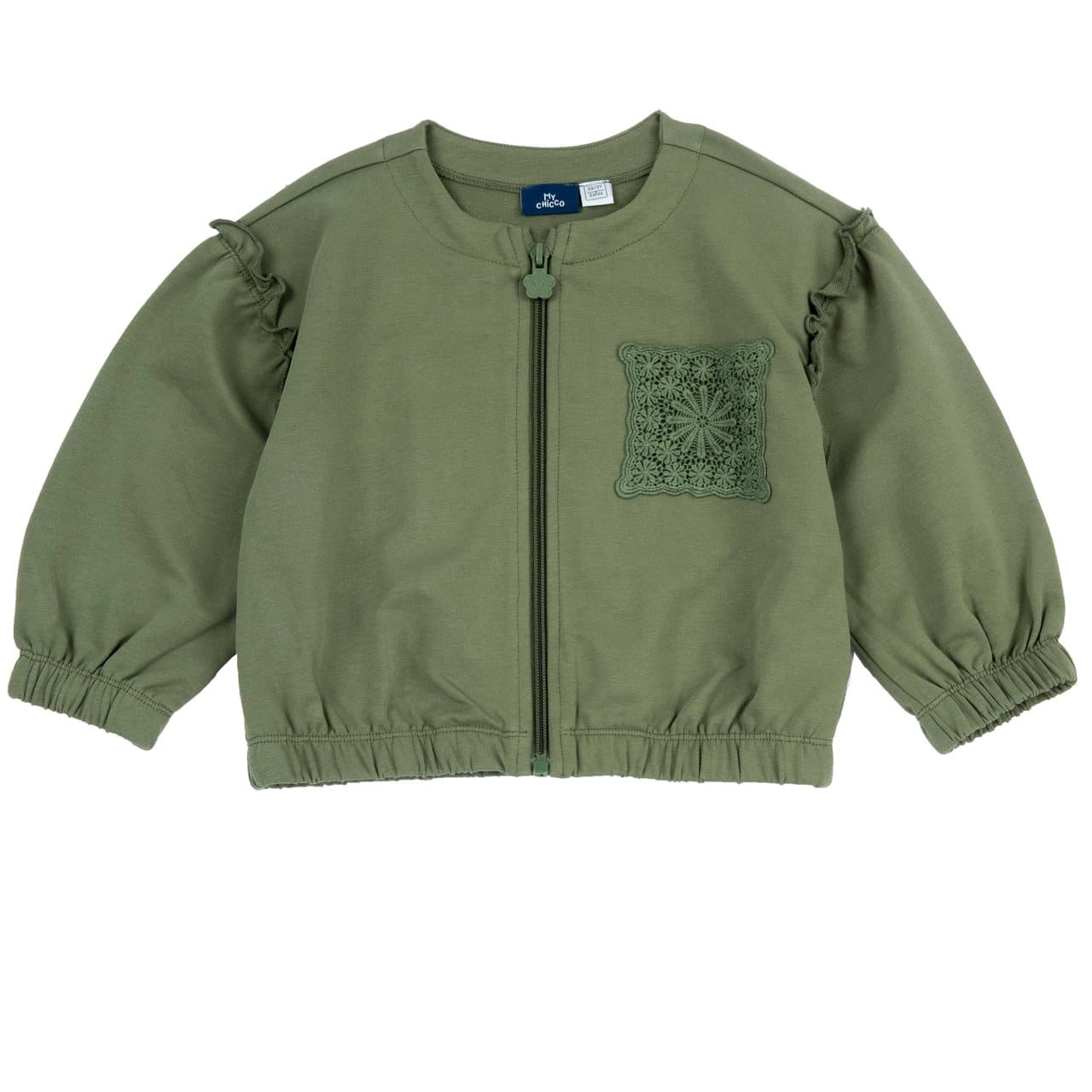 Felpa con zip girocollo verde Chicco da bambina in cotone elasticizzato, con applicazione macramè e rouches. | Chicco