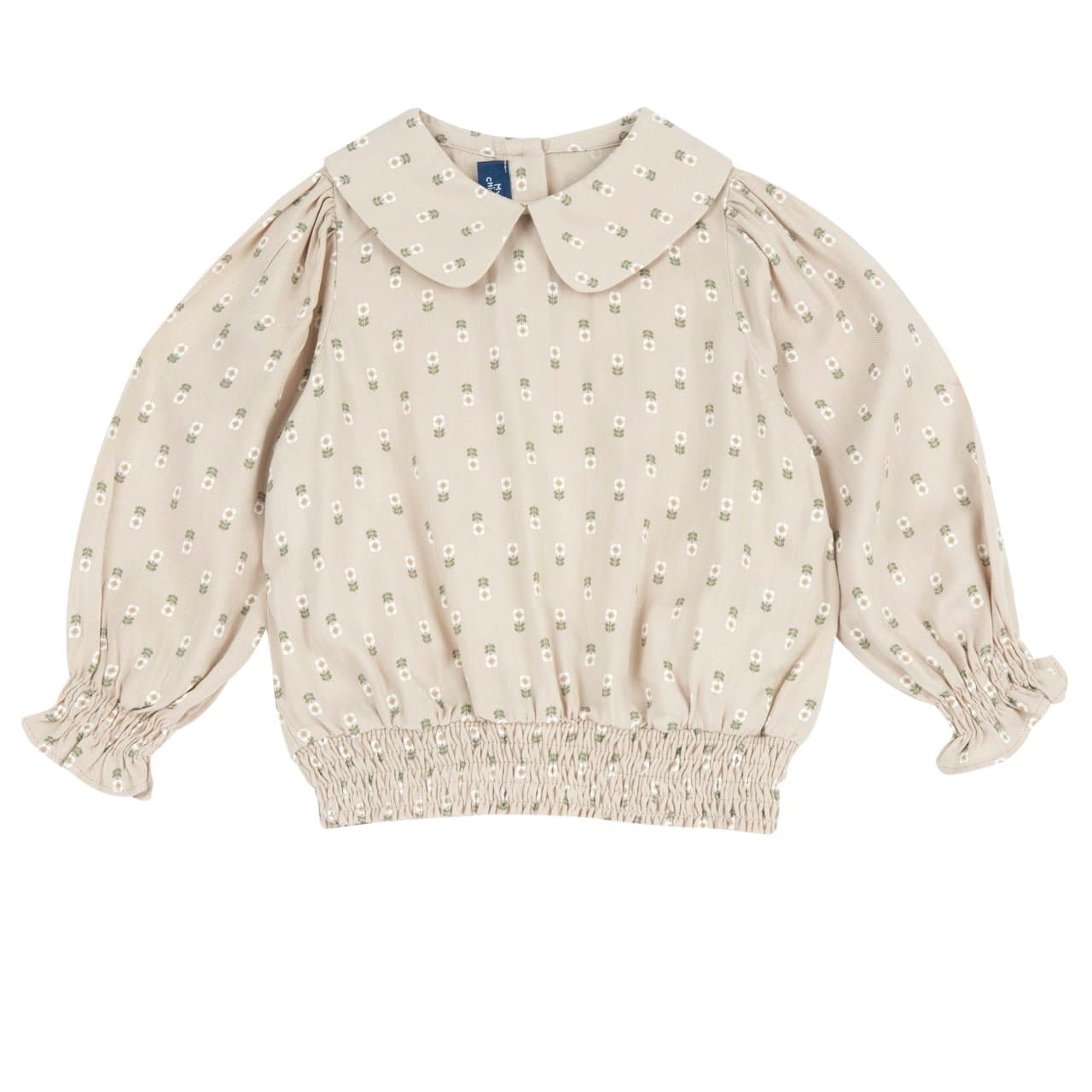Camicia a manica lunga Chicco beige in twill di flanella 100% viscosa per bambina, con stampa a fiorellini, colletto arrotondato e lavorazione smock sui polsini. | Chicco