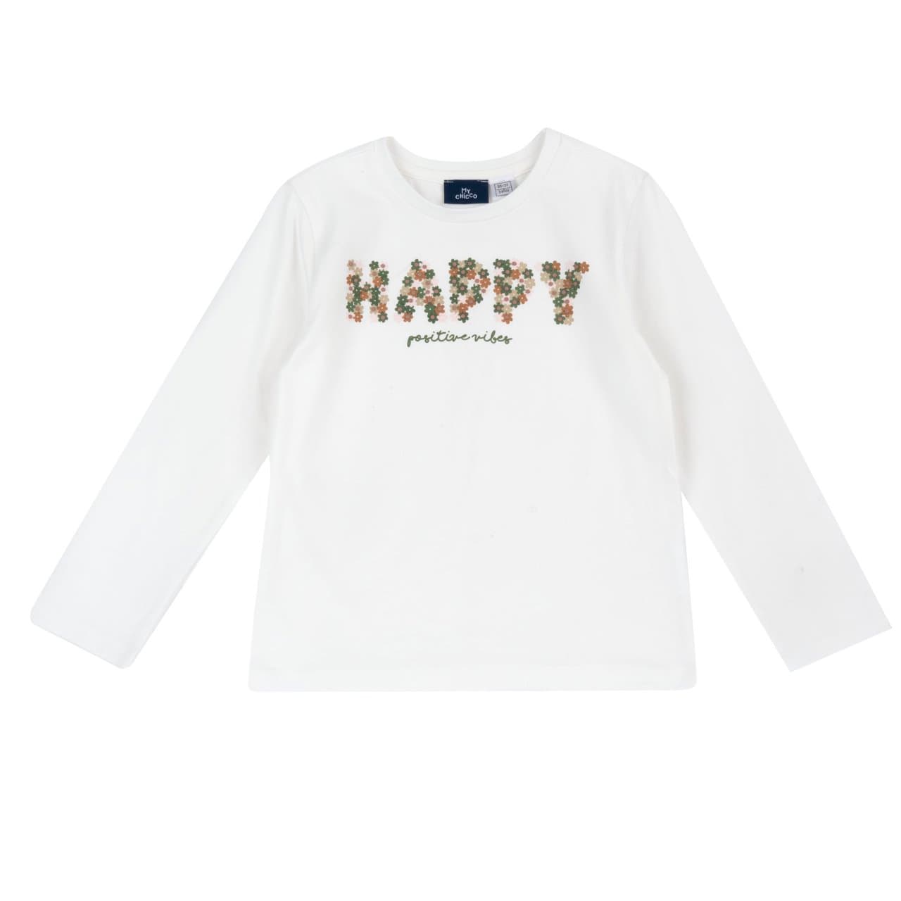 Maglietta a manica lunga Chicco bianca in jersey di cotone elasticizzato per bambina, con scritta stampata e dettagli glitter, ideale per l'autunno/inverno. | Chicco