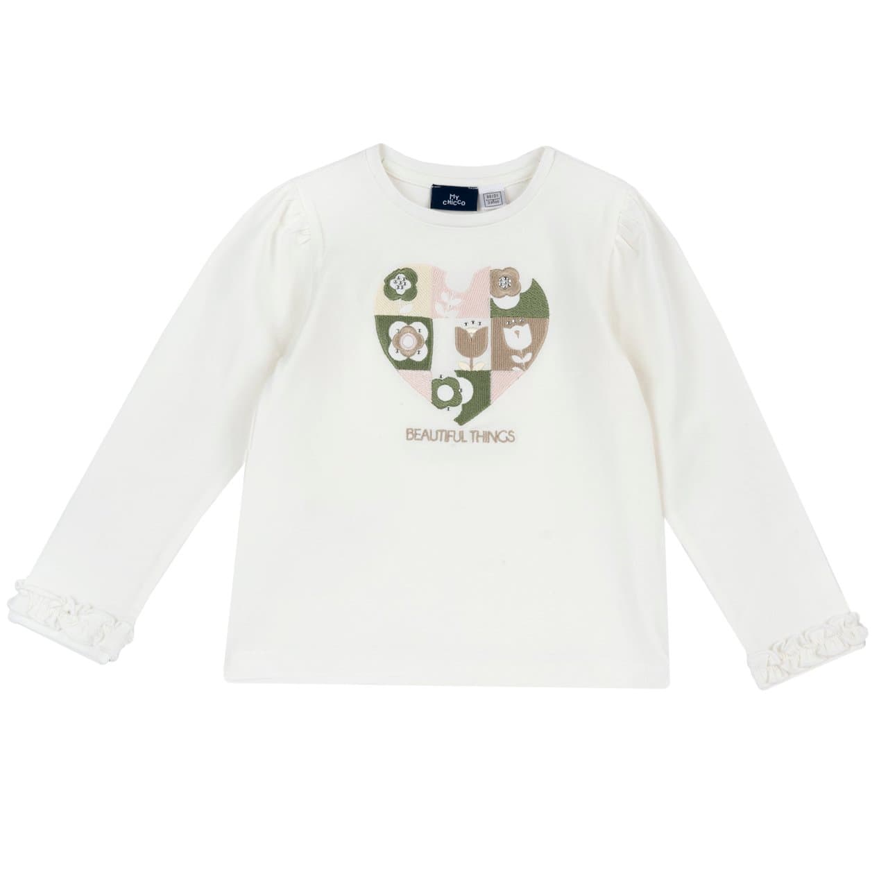 Maglietta a manica lunga Chicco bianca in jersey caldo di cotone elasticizzato per bambina, con ricamo di cuore e fiori luminosi argento e applicazione arricciata sul fondo manica. | Chicco