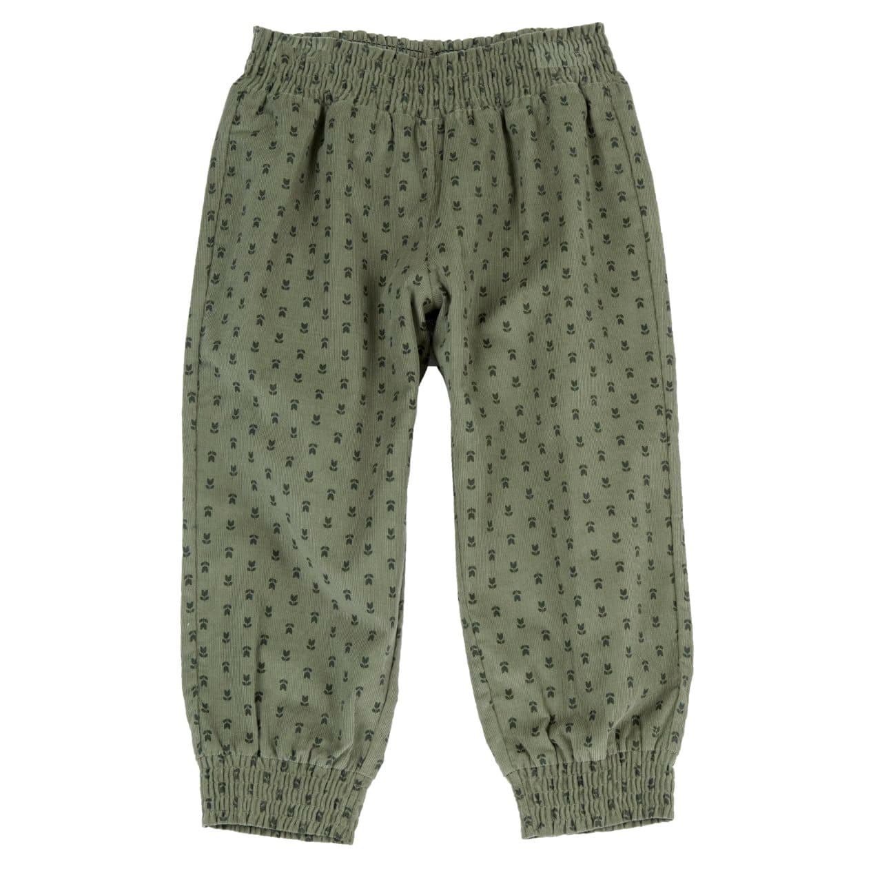 Pantaloni lunghi Chicco da bambina in velluto a coste sottili di cotone verde, con stampa micro fiorellini tono su tono e vita elasticizzata. | Chicco