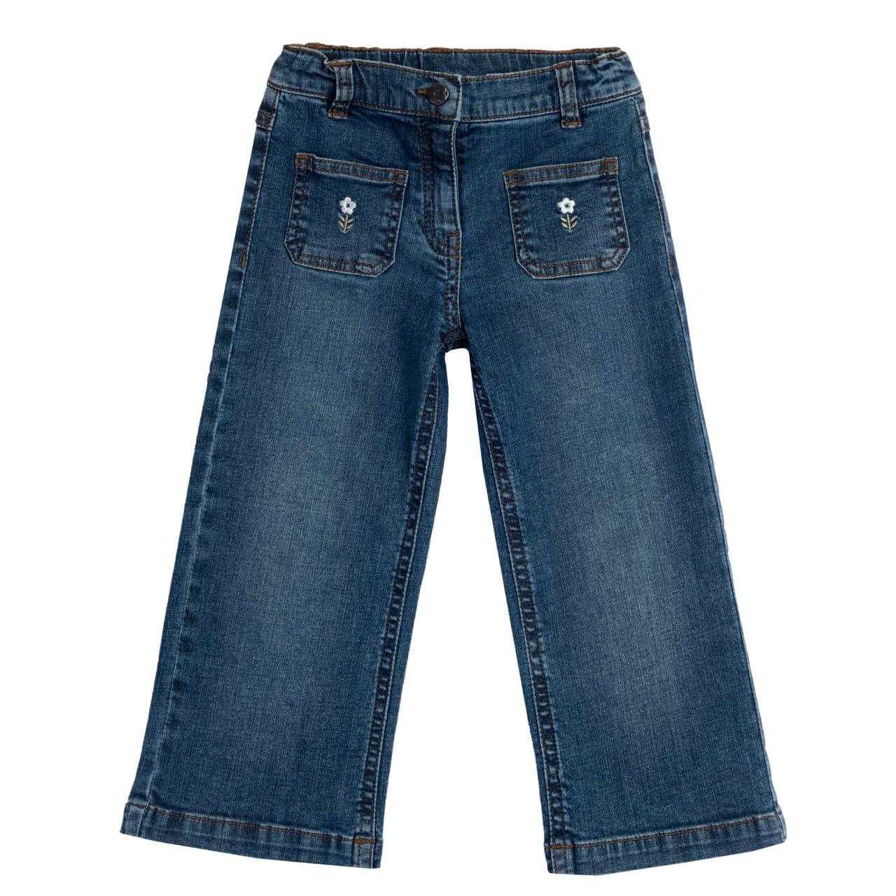 Pantaloni lunghi jeans blu elasticizzati da bambina Chicco con vita regolabile, tasche ricamate e chiusura a fiore. | Chicco