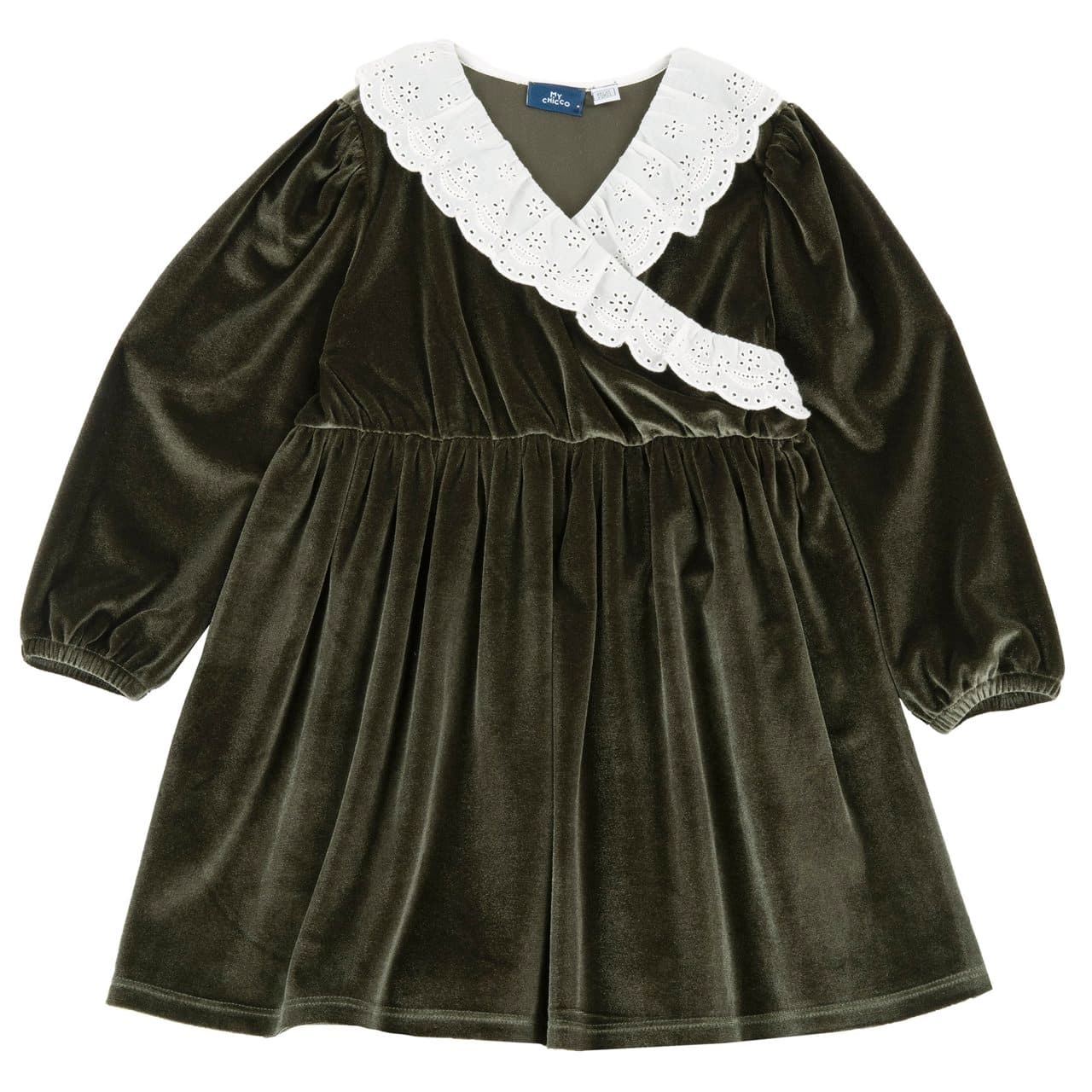 Vestito manica lunga Chicco verde in ciniglia lucida ed elasticizzata per bambina, con gonna foderata in cotone, colletto in sangallo e vita/polsini elasticizzati, ideale per le feste autunnali/invernali. | Chicco