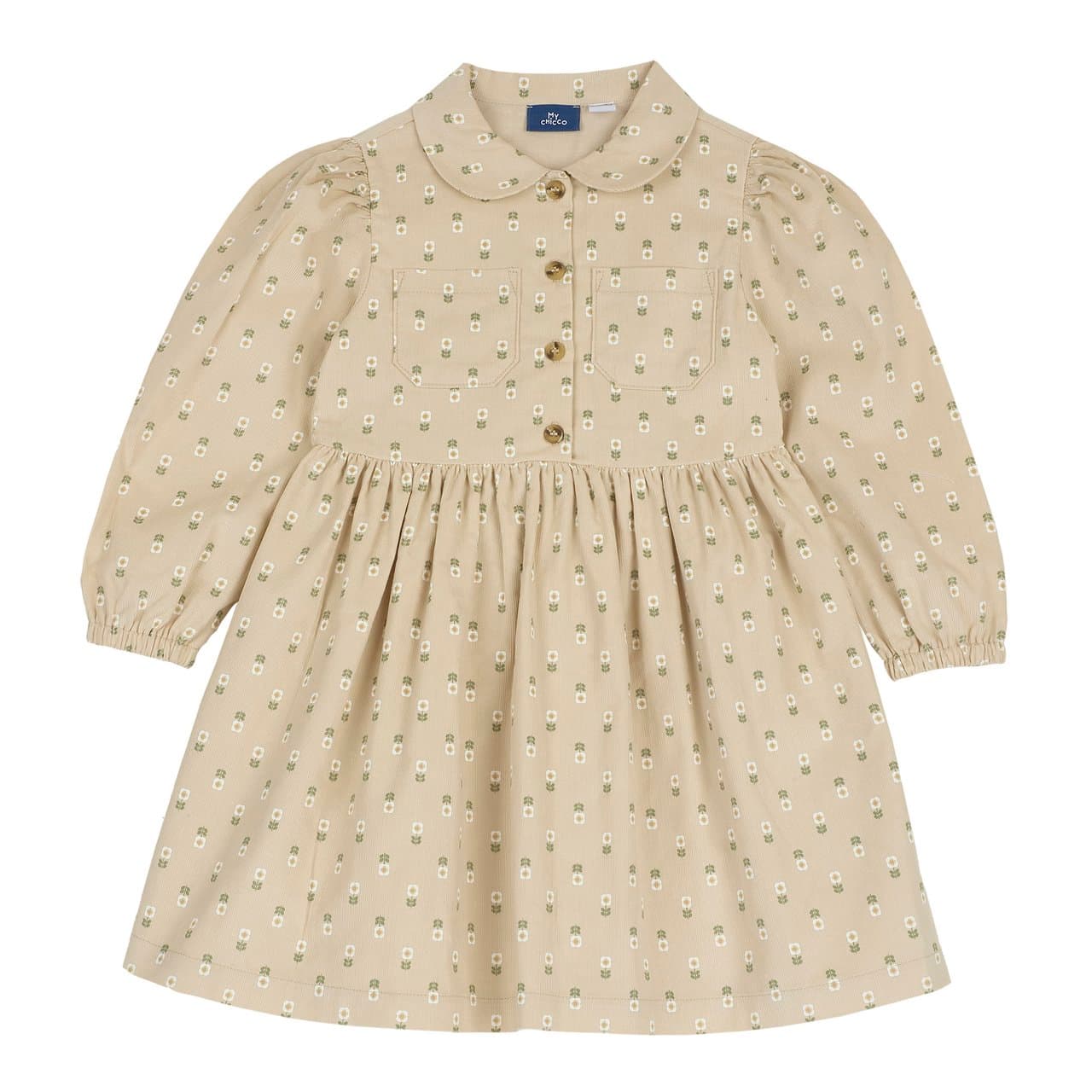 Vestito Chicco a manica lunga beige in velluto a coste di cotone per bambina, con gonna foderata a fiori, vita e polsini elasticizzati, tasche e bottoni tartaruga. | Chicco