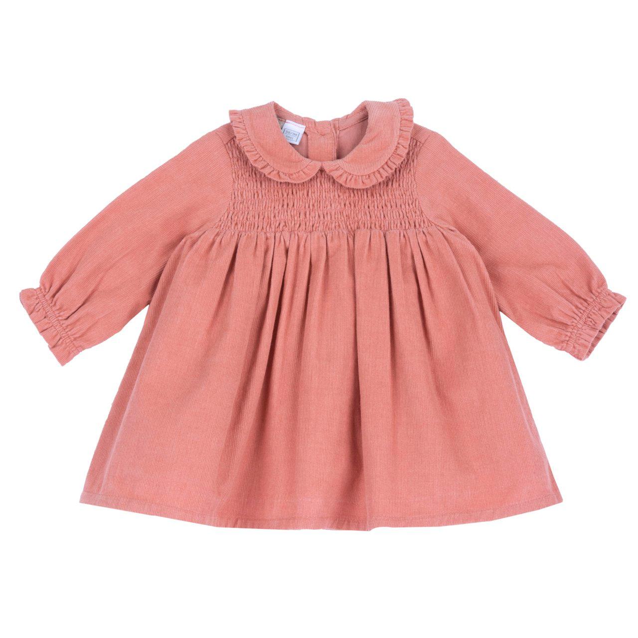 Vestito Chicco arancione in velluto a duemila righe per bambina, con fodera in cotone e bottoncini effetto legno sul retro. | Chicco
