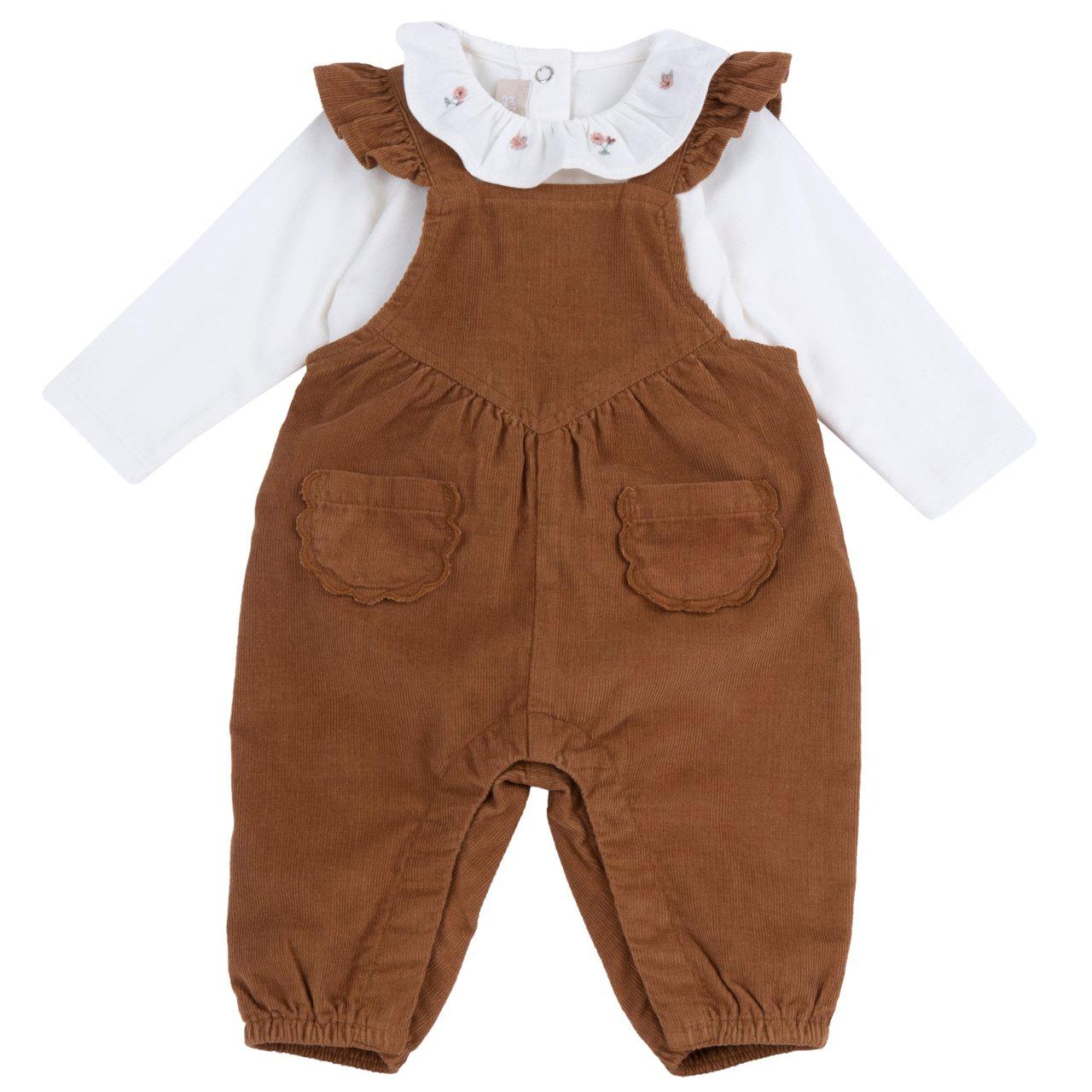 Completo body con salopette lunga Chicco marrone per bambina, in jersey stretch e velluto a coste, ideale per autunno/inverno. | Chicco