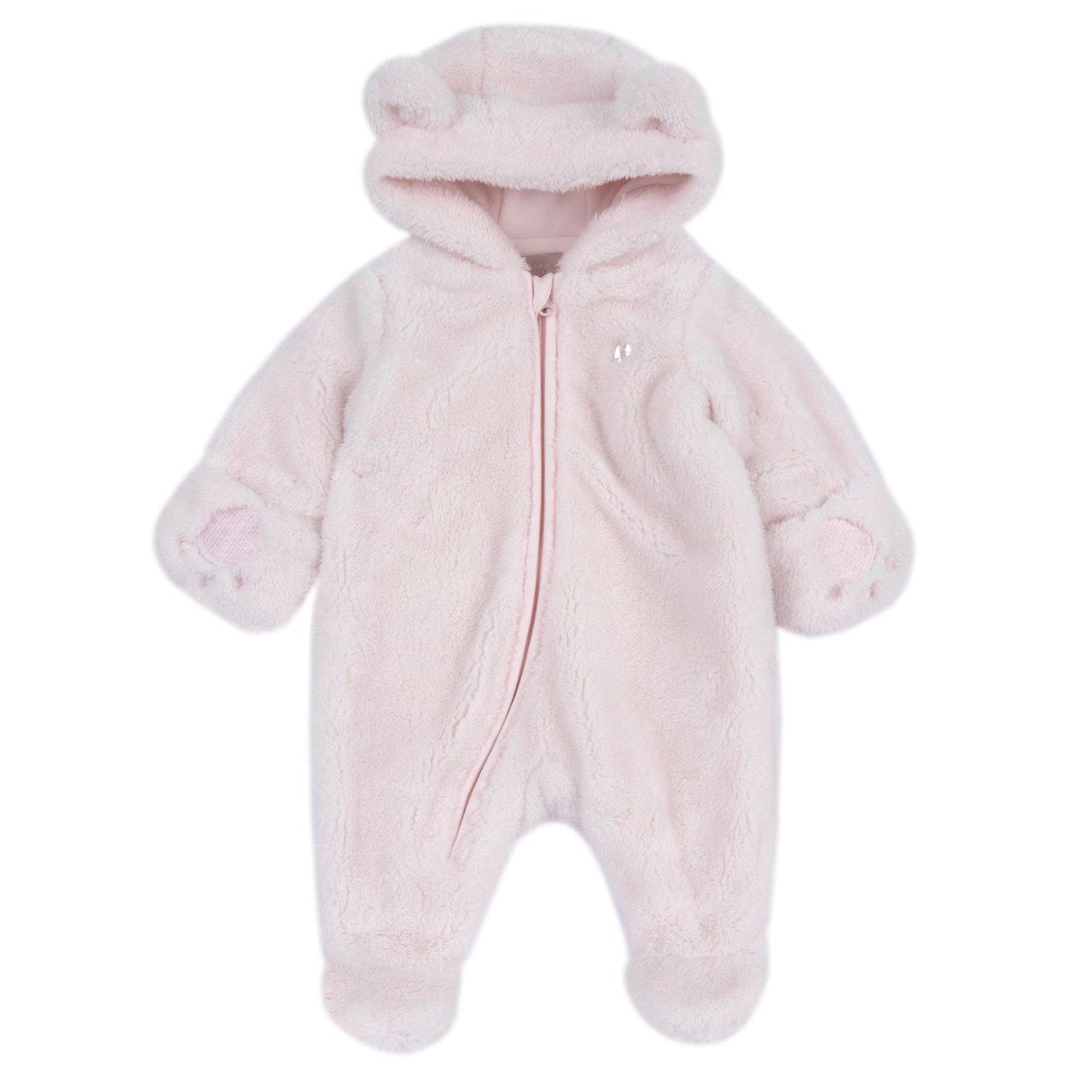 Tutina aperta davanti Chicco rosa per bambina in caldo tessuto ciniglia, con cappuccio e orecchie applicate, ricamo e polsini risvoltabili, chiusura bottoncini automatici. | Chicco