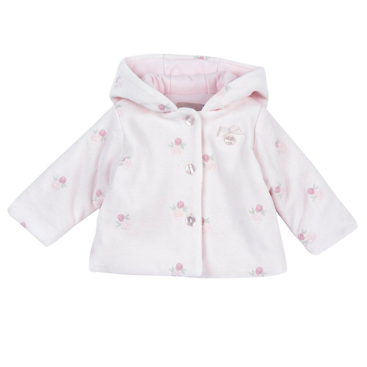 Cardigan con cappuccio rosa in ciniglia per bambina Chicco, con fodera in interlock, grafica ricamata e medaglietta madreperla, chiusura bottoni. | Chicco
