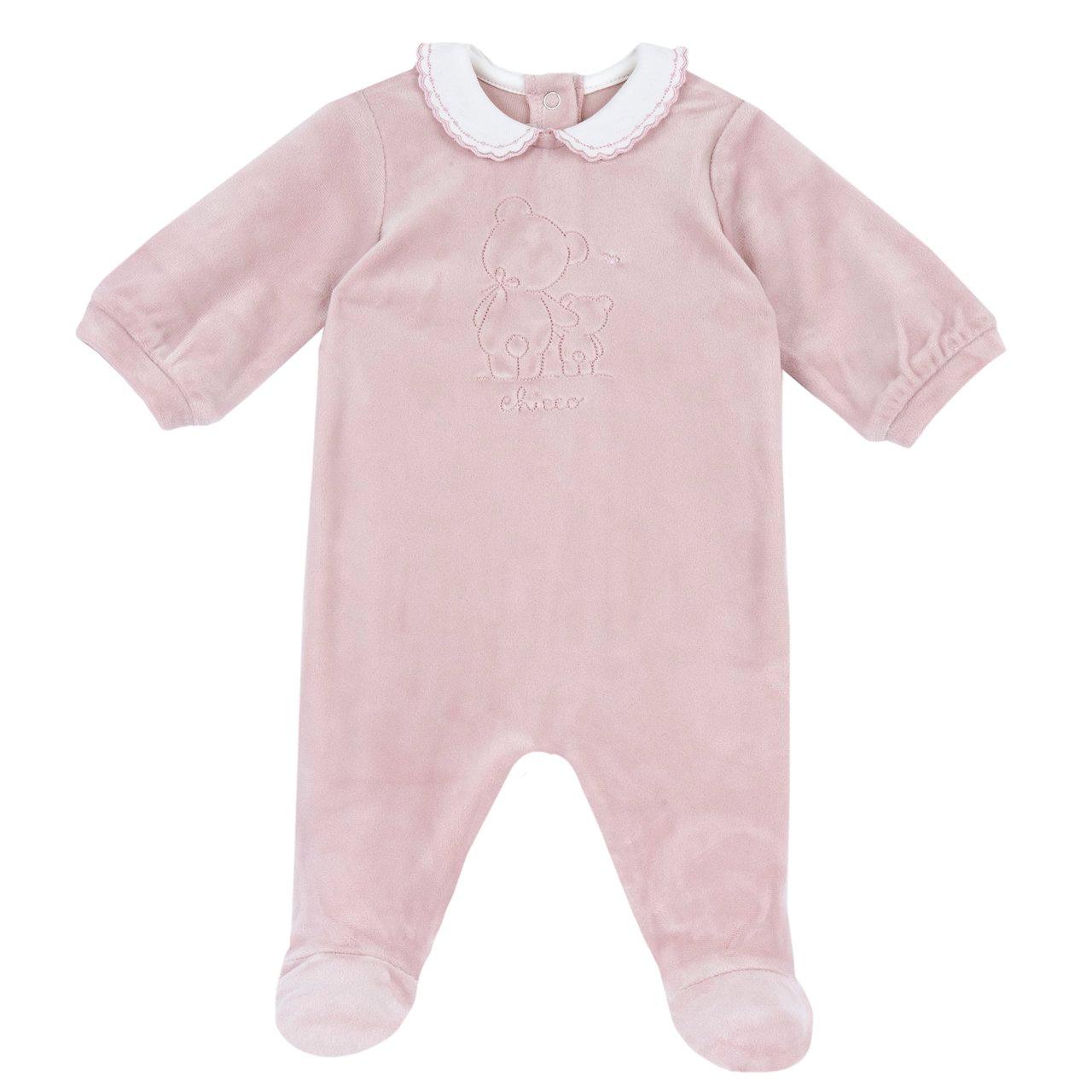 Tutina Chicco rosa in ciniglia elasticizzata con effetto lucido, colletto ricamato e grafica tono su tono, aperta dietro, certificata Oeko-Tex. | Chicco