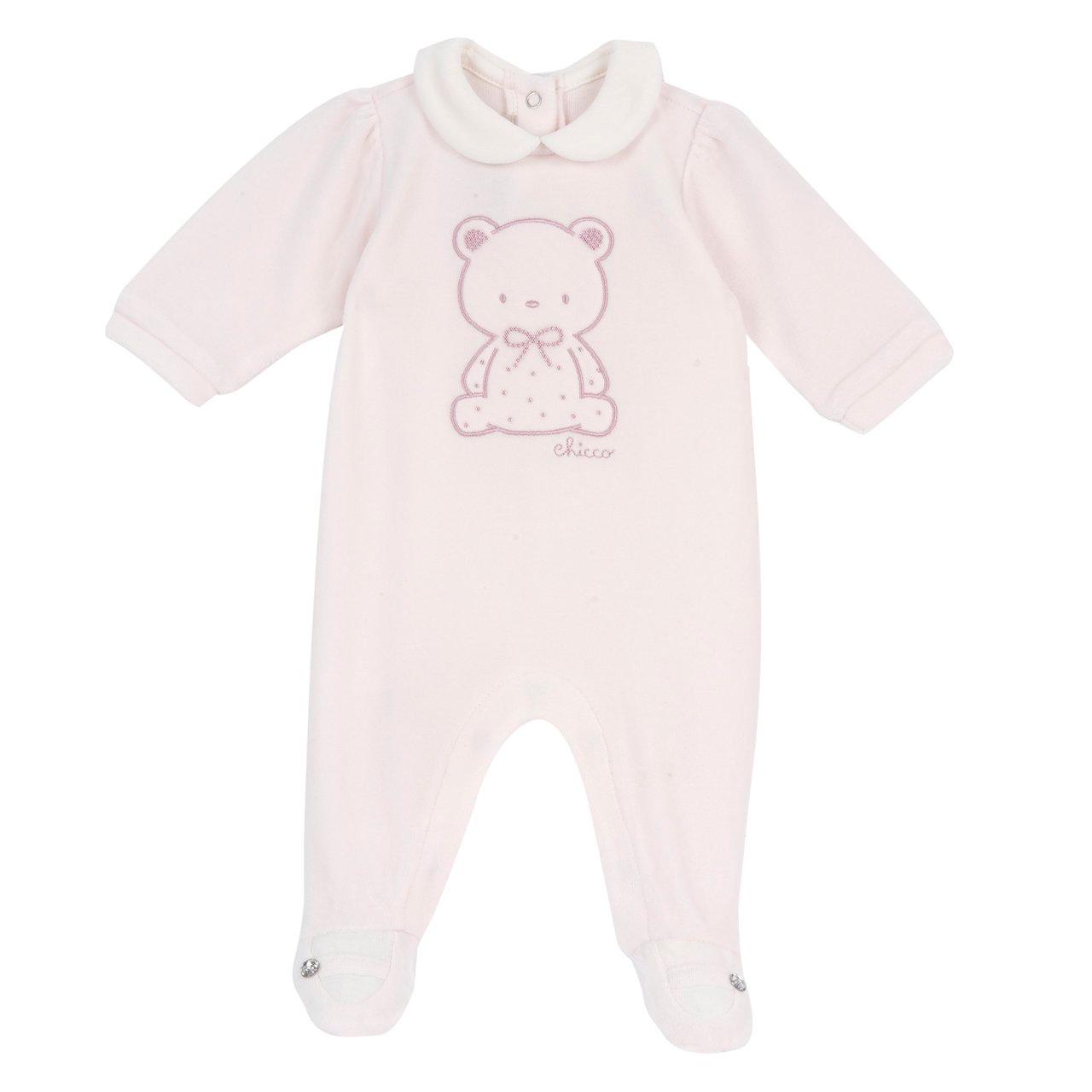 Tutina Chicco aperta interno gamba per bambina in ciniglia rosa, con colletto baby bianco, grafica strass e scarpina ricamata. | Chicco
