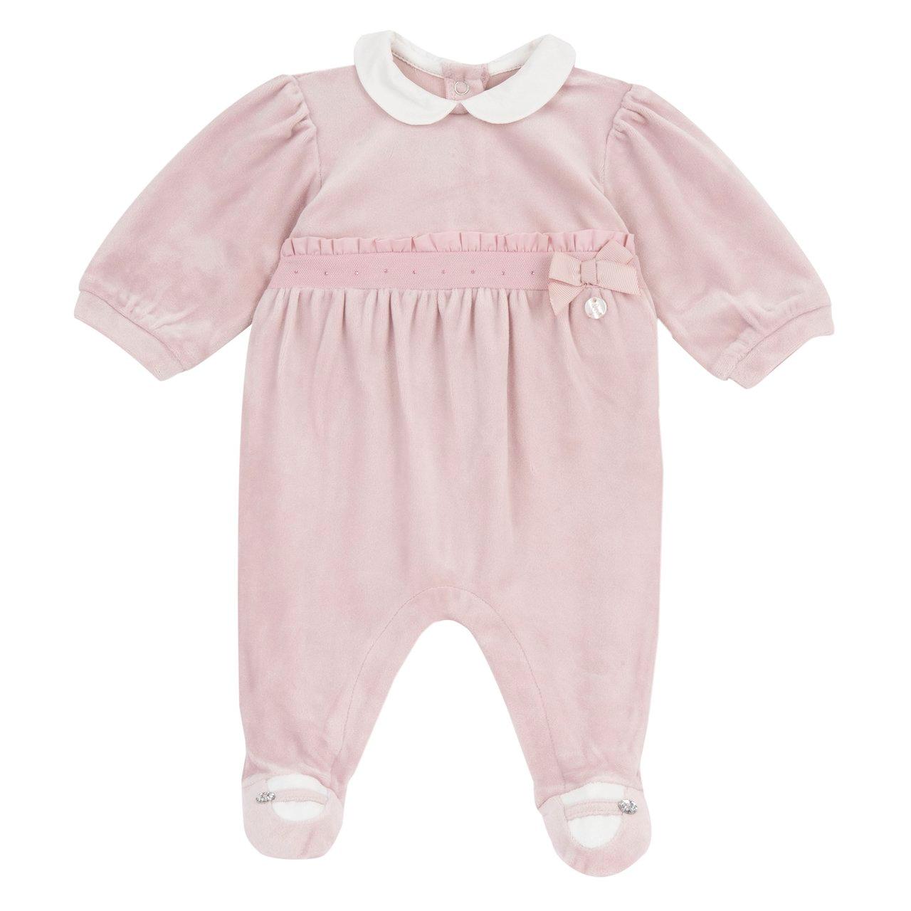 Tutina Chicco rosa in ciniglia elasticizzata per bambina, con colletto baby bianco, grafica con strass e fiocco, certificata Oeko-Tex. | Chicco
