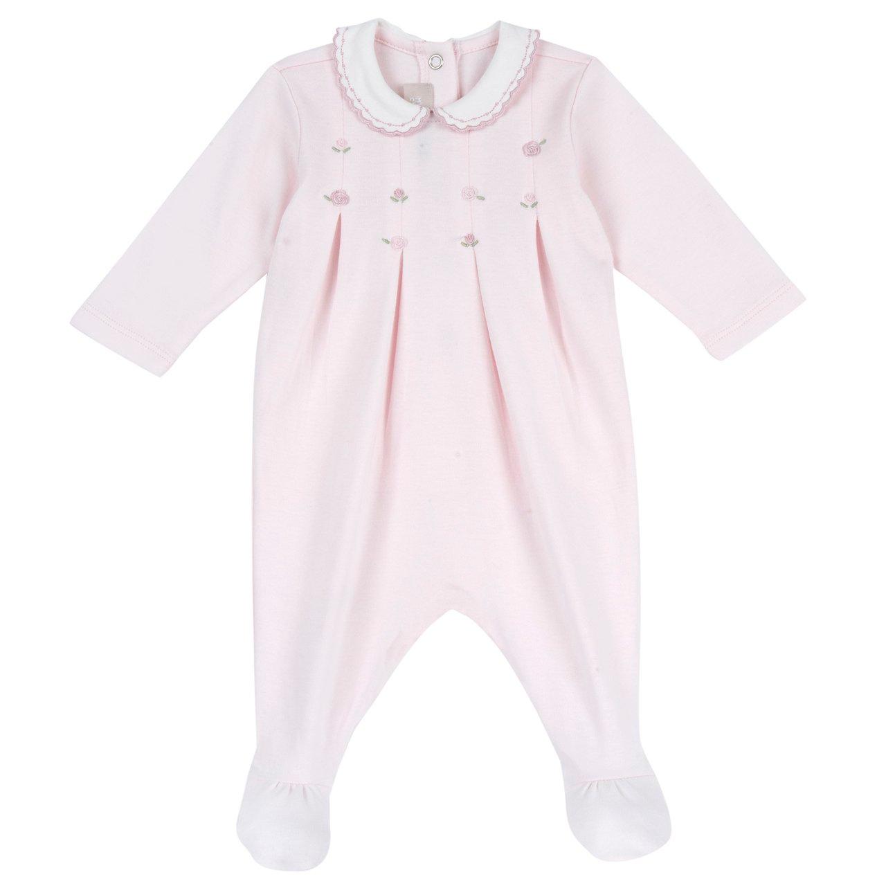 Tutina Chicco rosa per bambina, aperta dietro, in morbido interlock con grafica ricamata e colletto in tessuto, ideale per autunno/inverno. | Chicco