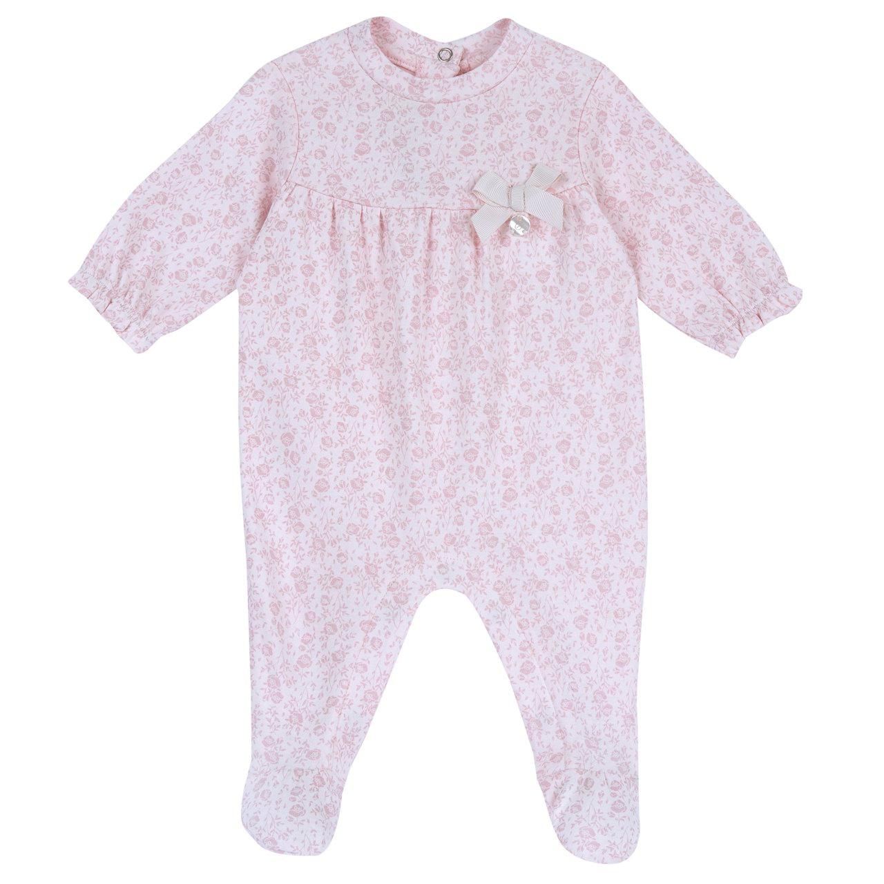 Tutina Chicco rosa per bambina in interlock con stampa floreale, girocollo, fiocco e medaglietta, chiusura entrogamba e stampa antiscivolo sotto i piedini. | Chicco
