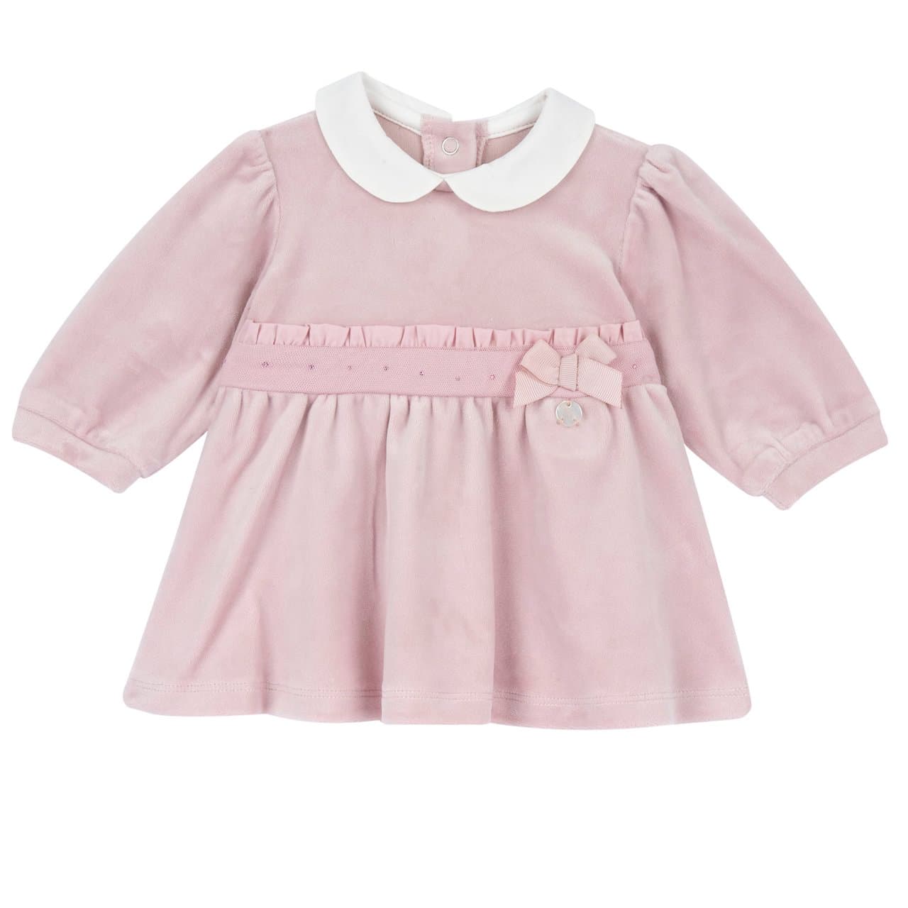 Vestito Chicco rosa in ciniglia elasticizzata lucida per bambina, con collo baby, fiocco, strass e medaglietta madreperla, certificato Oeko-Tex. | Chicco