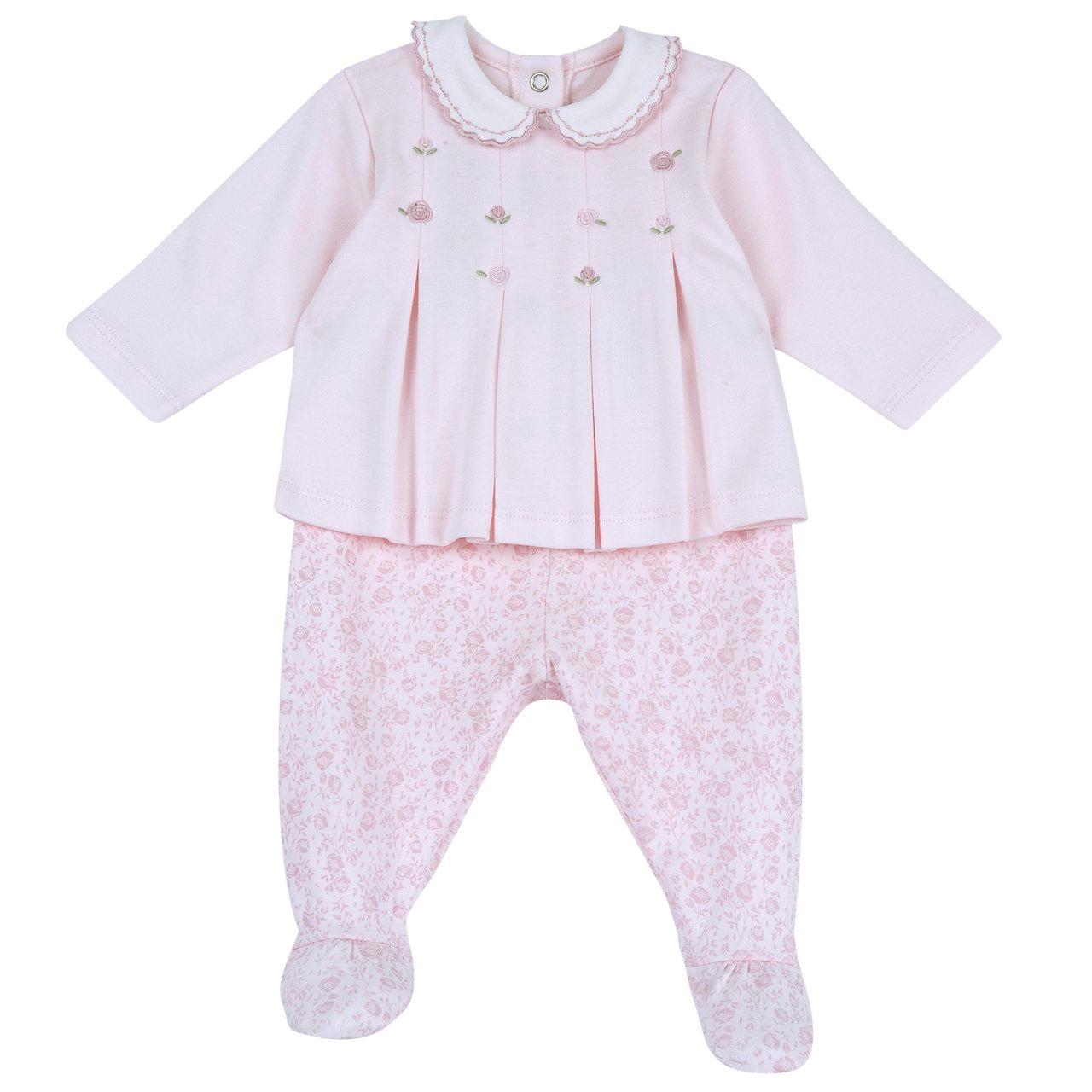Completo Chicco rosa per neonata con maglietta in interlock e ghettina con piedini, ricami floreali e fantasia a fiori, certificato Oeko-Tex. | Chicco