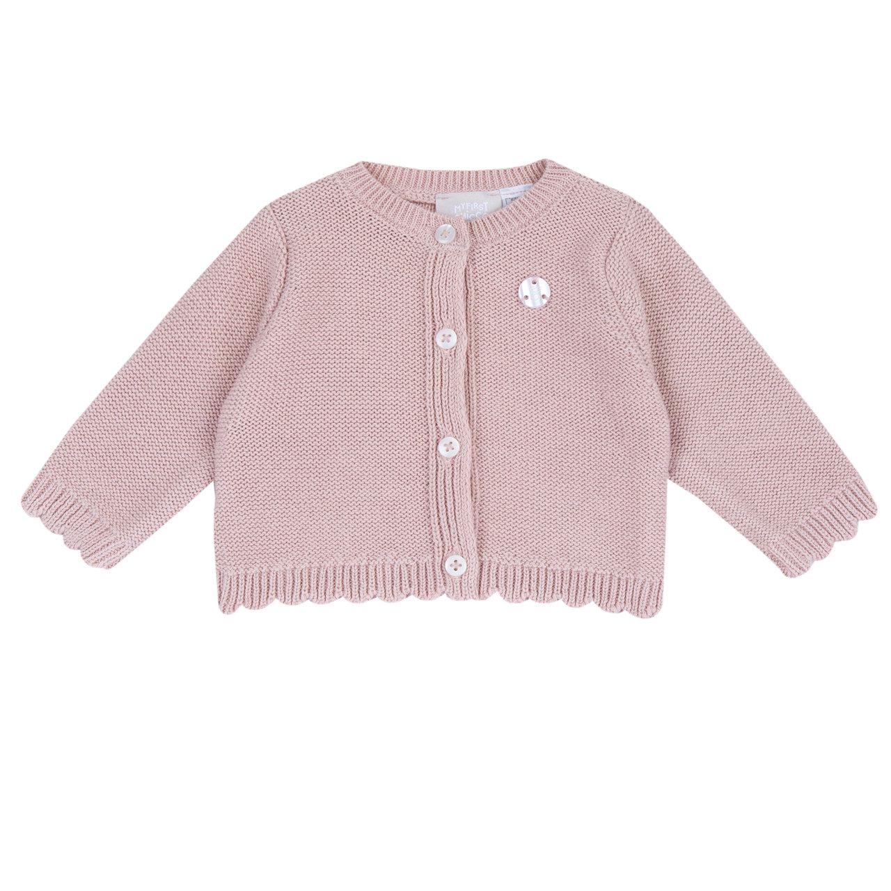 Cardigan in maglia di cotone rosa Chicco per neonata, con lavorazione a punti decorativi, medaglietta effetto madreperla e apertura frontale con bottoni, ideale per l'autunno/inverno. | Chicco