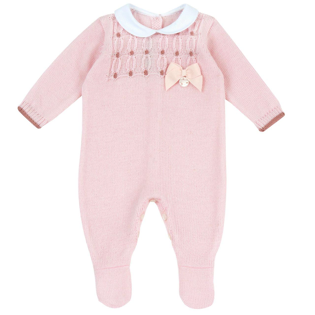 Tutina aperta interno gamba Chicco rosa in pura lana per bambina, con colletto bianco in cotone e fiocco decorativo. | Chicco