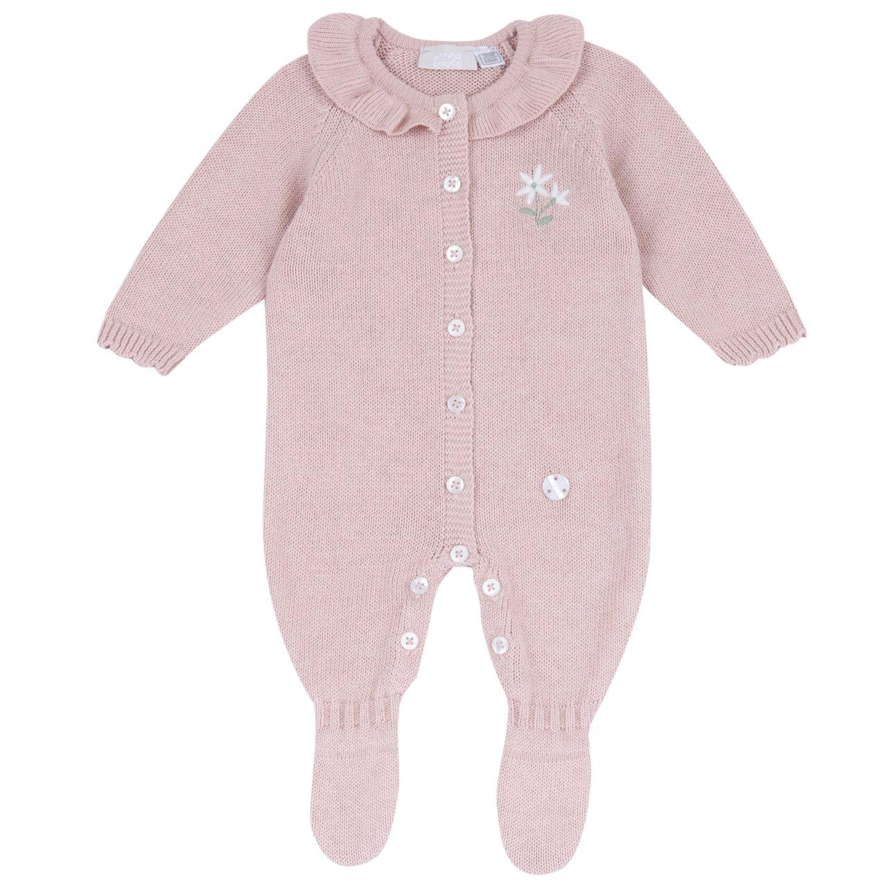 Tutina aperta davanti Chicco per bambina in maglia rosa, con grafica ricamata e lavorazioni a punti, chiusura con bottoncini e asole, ideale per autunno/inverno. | Chicco