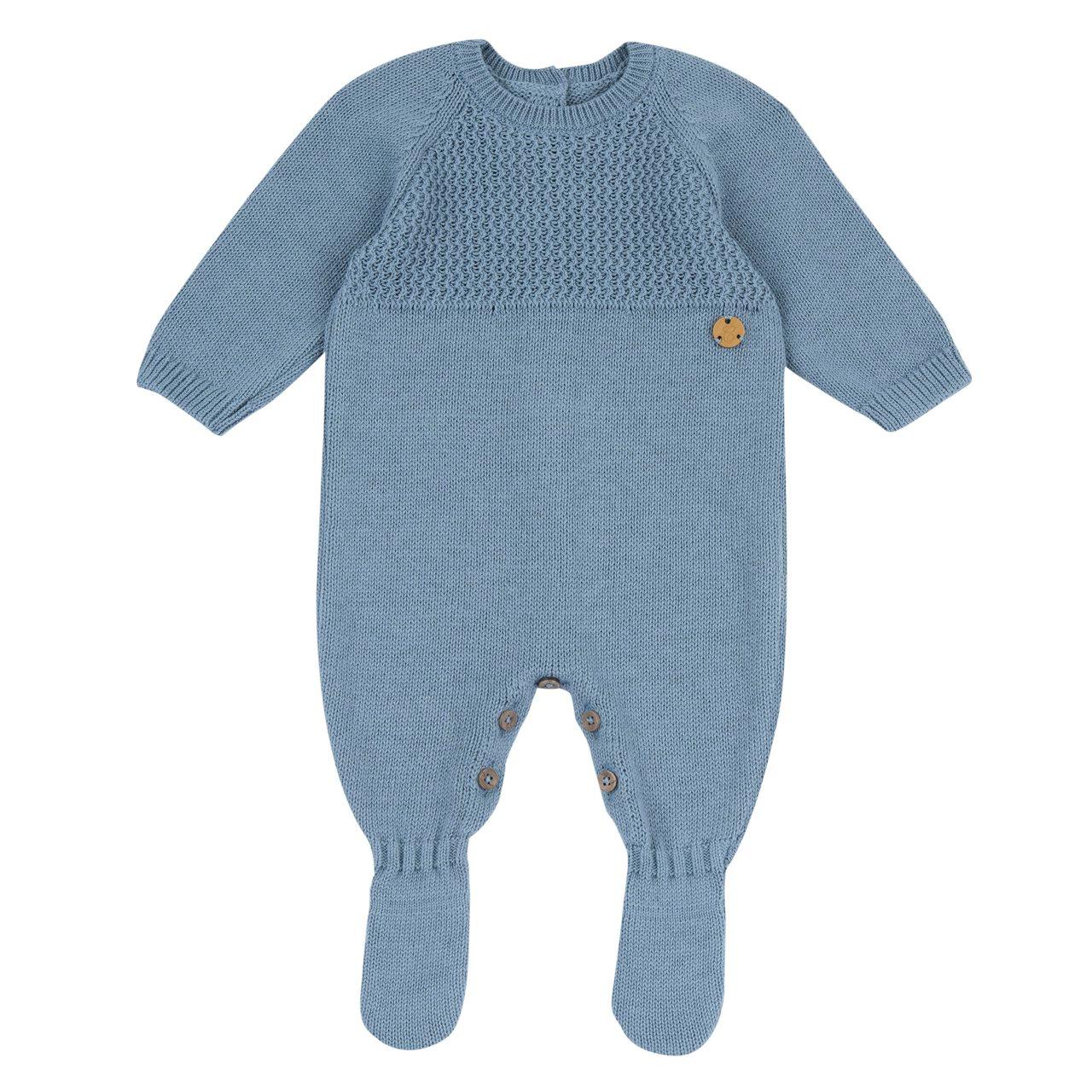 Tutina aperta interno gamba Chicco azzurra in caldo cotone, lavorazione a maglia con punti decorativi e medaglietta madreperla, certificata Oeko-Tex. | Chicco