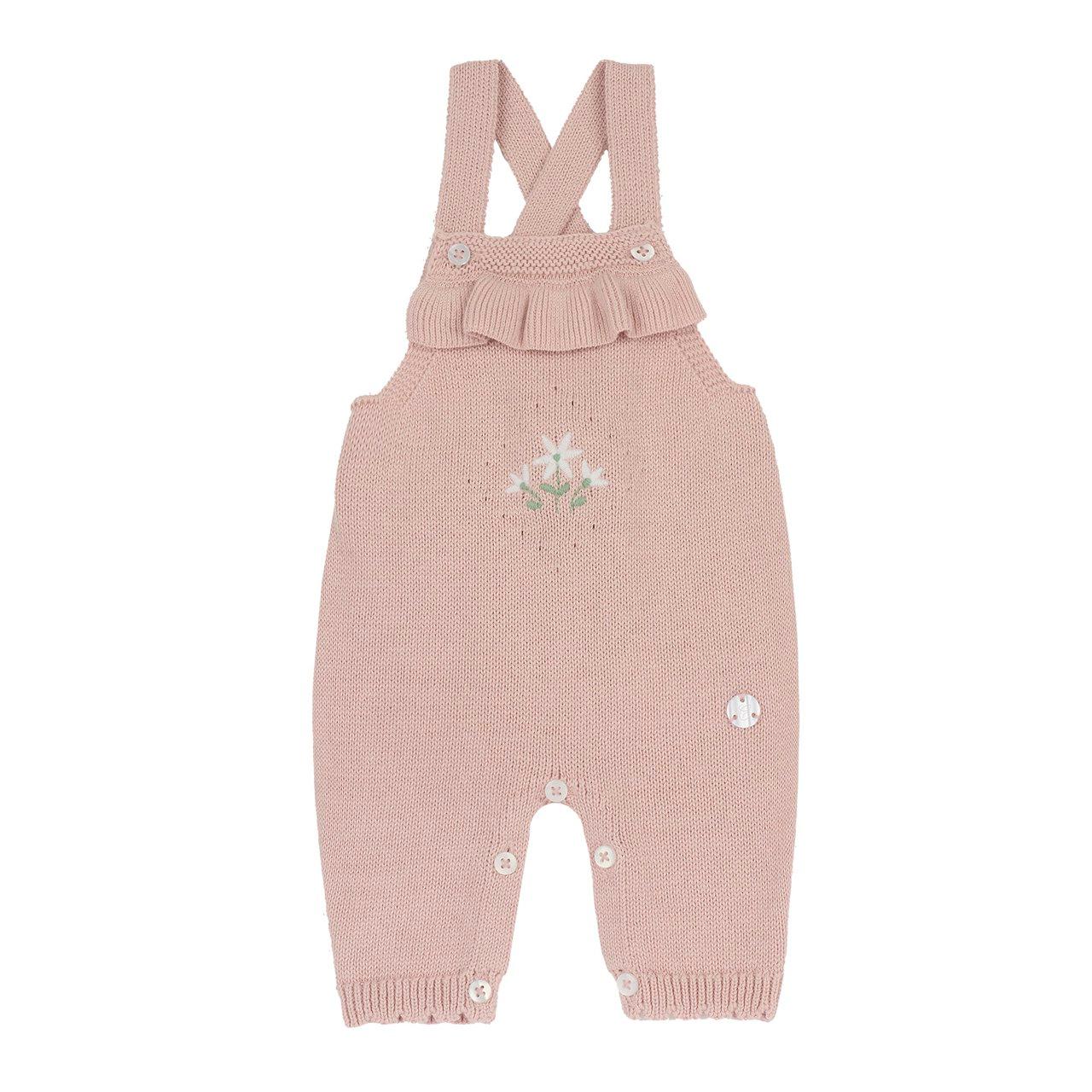 Salopette lunga in maglia rosa Chicco per neonata, con lavorazione a punti, grafica ricamata e medaglietta effetto madreperla, ideale per autunno/inverno. | Chicco
