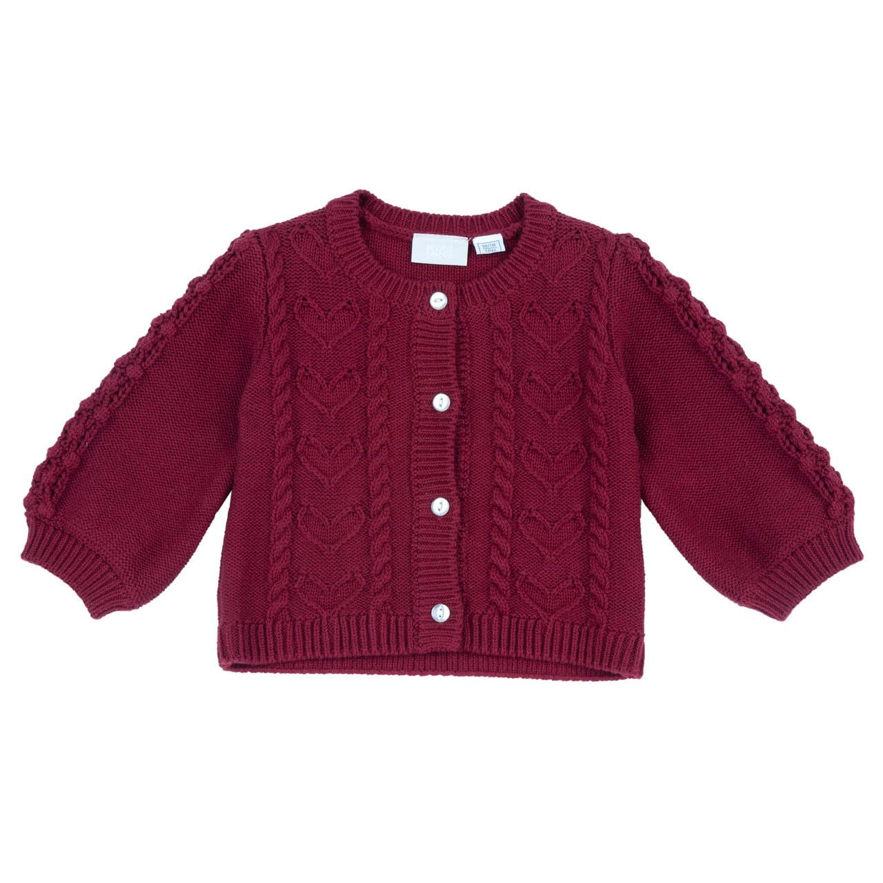 Cardigan in maglia jacquard rosso Chicco per bambina, 100% cotone, con motivo a cuori e trecce, chiusura con bottoncini effetto madreperla. | Chicco