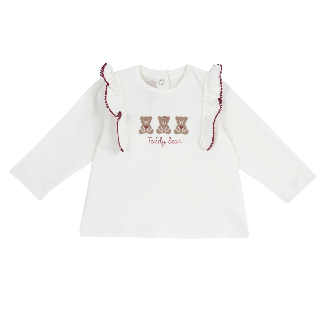 Maglietta a manica lunga Chicco bianca in jersey elasticizzato per bambina, con rouches e stampa orsetti flock sul fondo. | Chicco