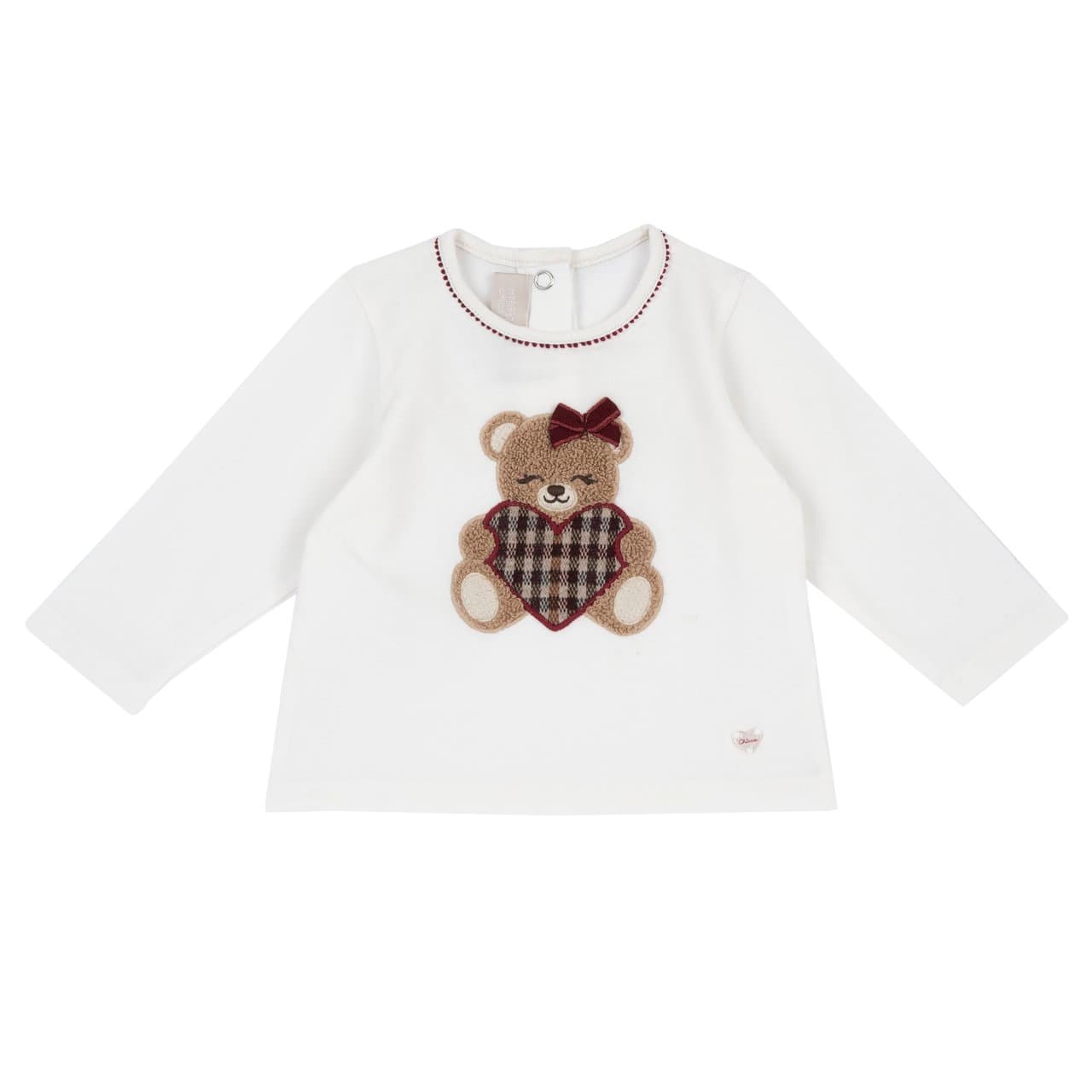 Maglietta a manica lunga Chicco per bambina in jersey elasticizzato bianco con ricamo orsetto, nastro decorativo al girocollo e bottoncini automatici posteriori. | Chicco