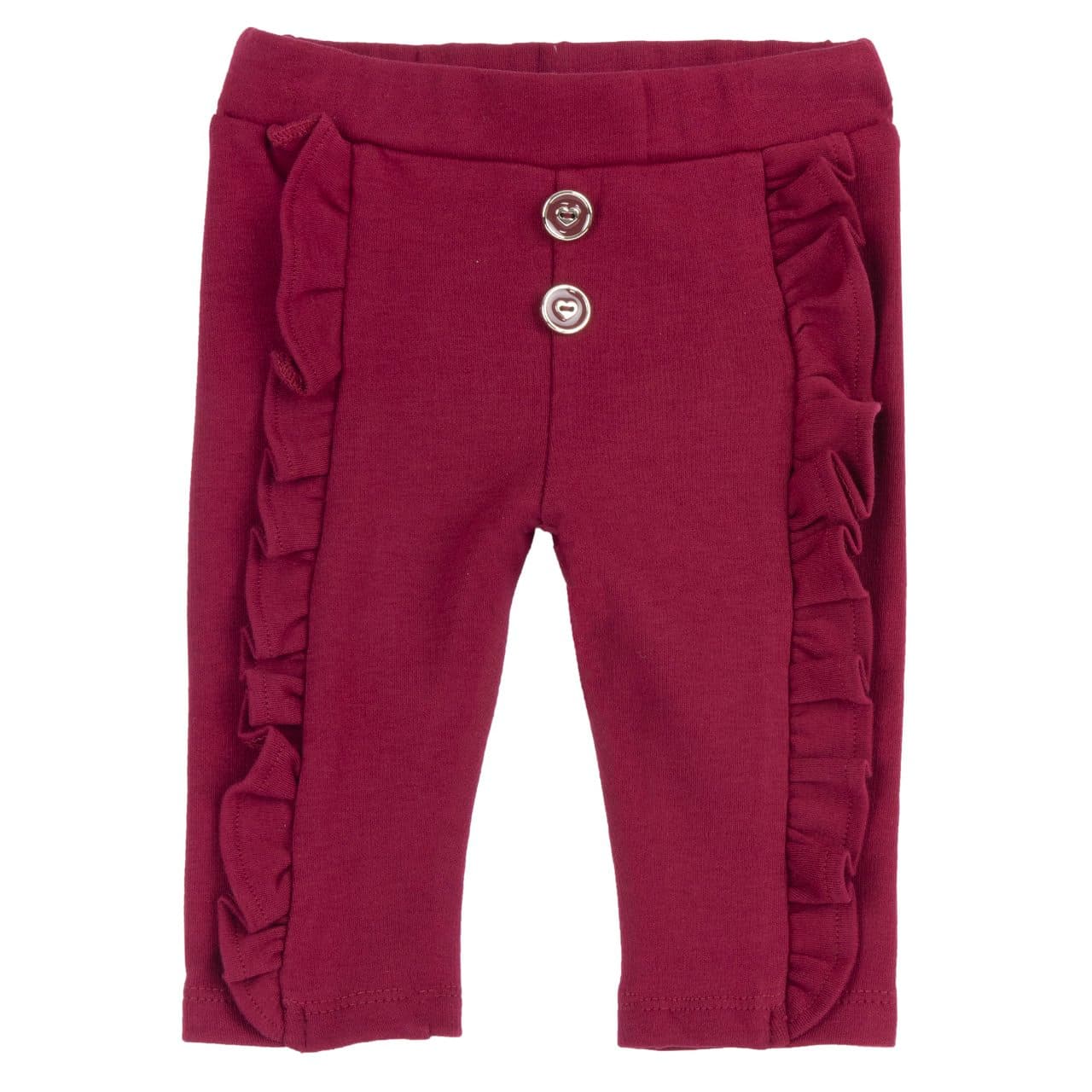 Pantaloni lunghi Chicco rossi in interlock elasticizzato per bambina, con rouches verticali, vita elasticizzata e bottoncini smaltati a cuore. | Chicco