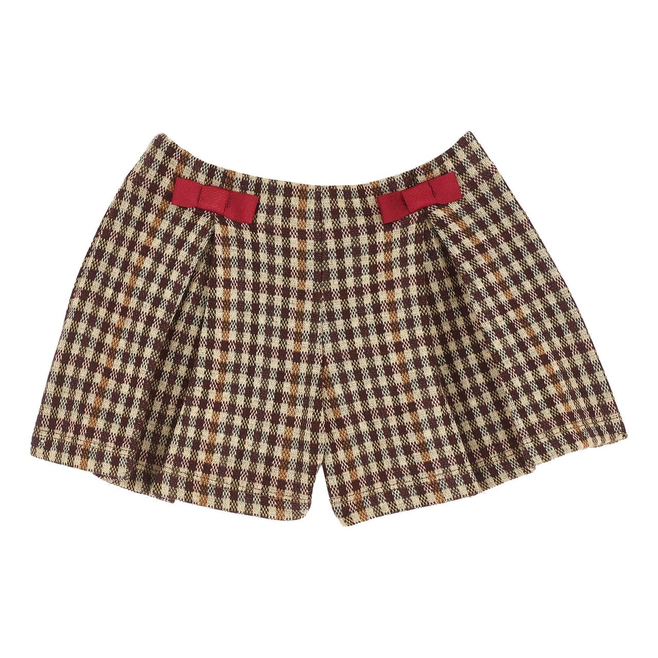 Pantaloni corti Chicco marroni in maglia operata elasticizzata per bambina, con motivo a quadretti, fiocchetti in gros grain e vita parzialmente elasticizzata, certificati Oeko-Tex. | Chicco
